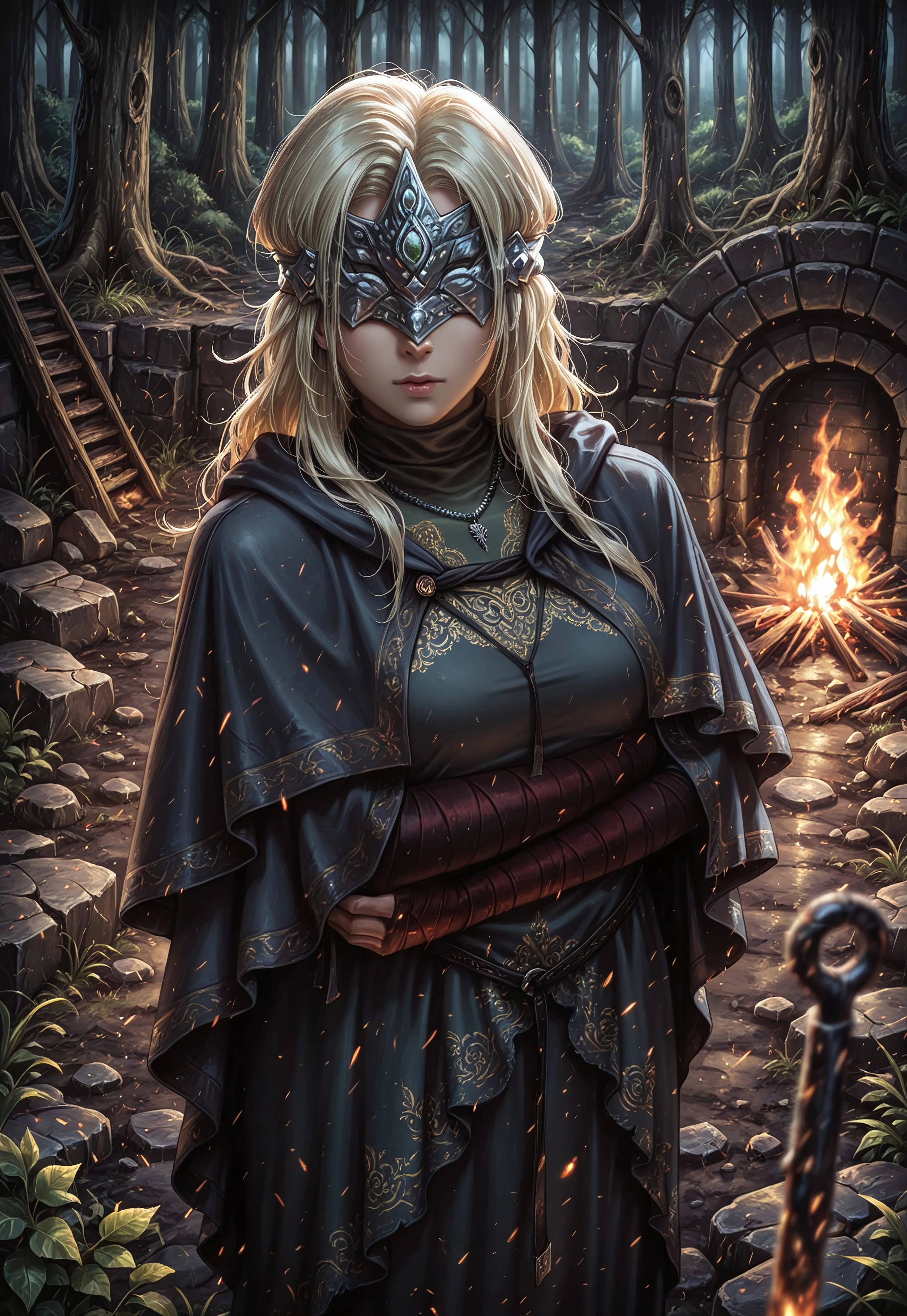 masterpiece, best quality, BREAK, dynamic angle, 1girl, solo, firekeeperill, blonde hair, mask, dress, capelet, necklace, bandaged arm, arms crossed, looking at viewer, forest, bonfire, embers, ruins, foliage, dark lighting, detailed scenery
