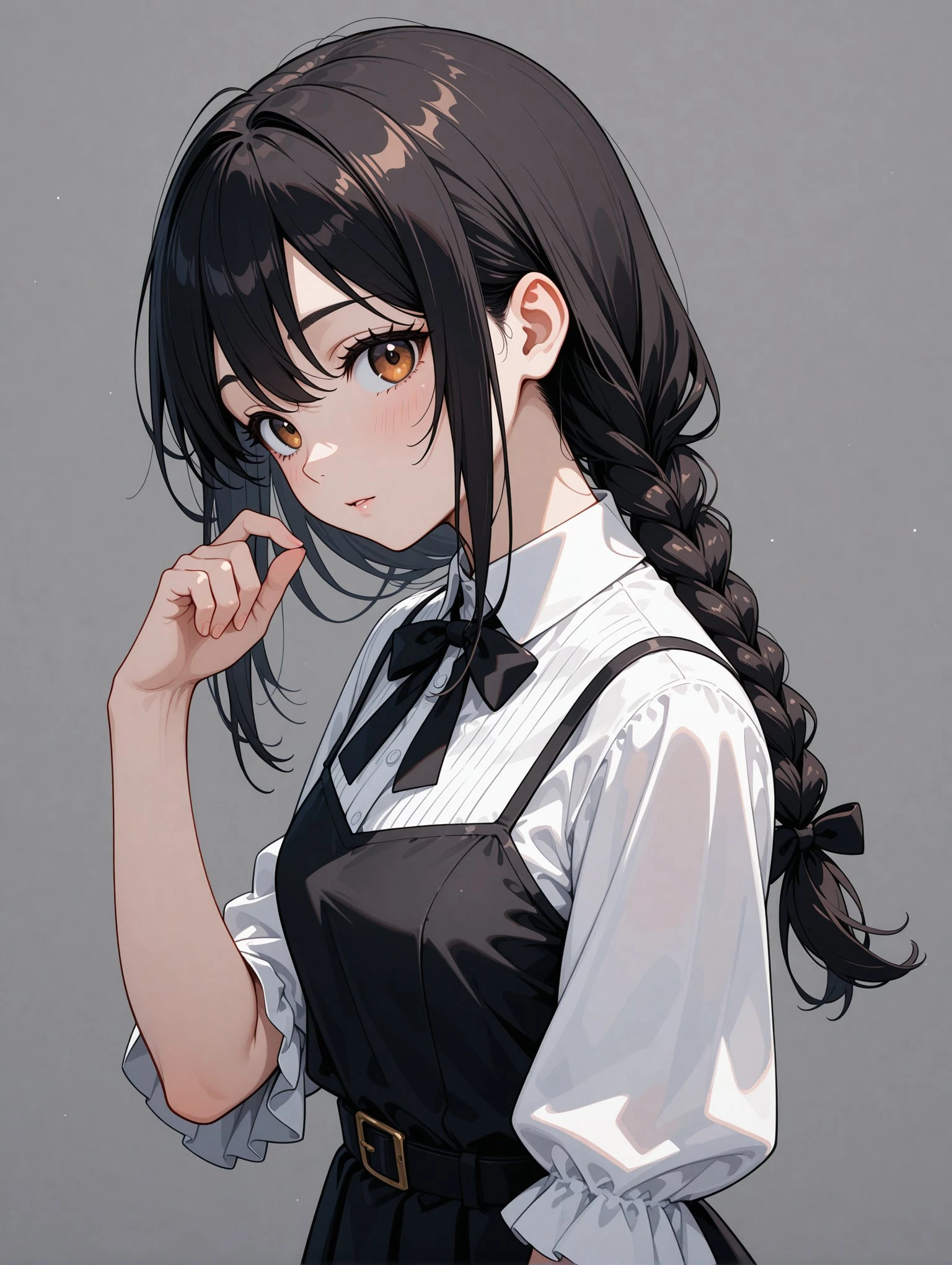 1girl,, black bow, black dress, black hair, bow, braid, closed mouth, dress, eyes visible through hair, from side, gradient background, grey background, hair between eyes, hair bow, hand up, light particles, long hair, looking at viewer, looking to the side, parted lips, red eyes, shirt, simple background, solo, upper body, white shirt