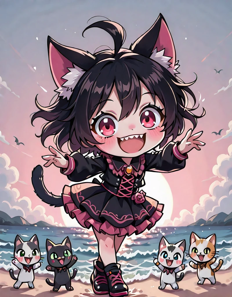 <lora:Chibi_Smile:1> chibisillus, chibi mad, on the beach, happy, smiling, cute, dancing, kawaii, and many cats everywhere !