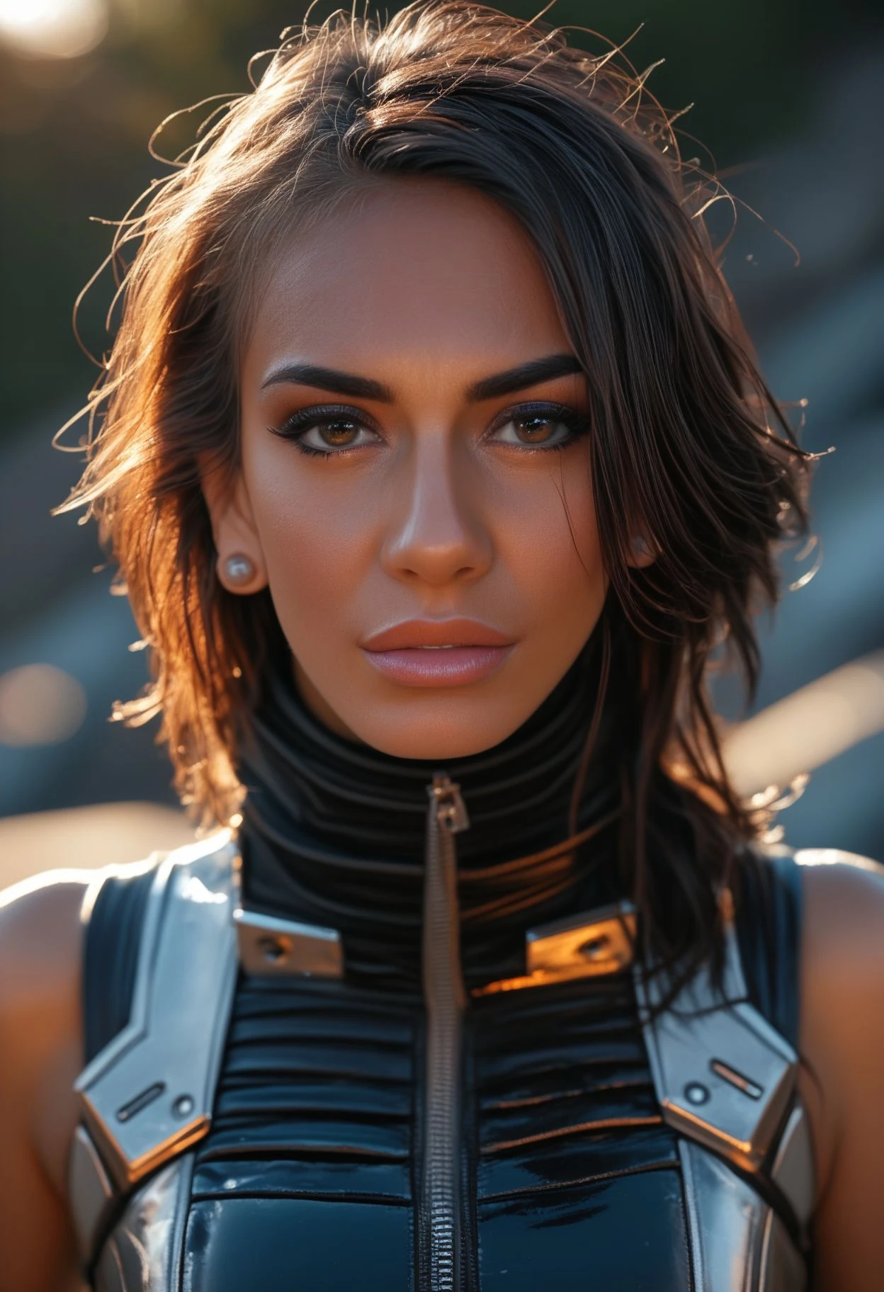 score_9, score_8_up, score_7_up, score_6_up, science_fiction, j4n1c3, 1girl, dark hair, (dark-skinned_female:0.5), beautiful, tall, makeup, skinny, portrait, close-up, upper_body, Wearing a lightweight inflatable spacesuit: compact inflatable armor, mobility ease, flexible, protective