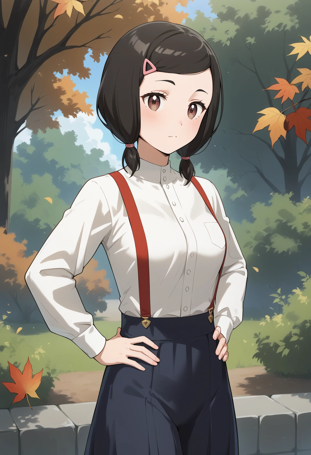 score_9, score_8_up, score_7_up, score_6_up, score_5_up, score_4_up, source_anime, aachisato, black hair, short twintails, low twintails, swept bangs, hair ornament, hairclip, brown eyes, medium breasts, <lora:fujii_chisato_ponyxl_v1:0.9>, casual, suspenders, juliet sleeves, long sleeves, skirt, standing, cowboy shot, hands on own hips, autumn,