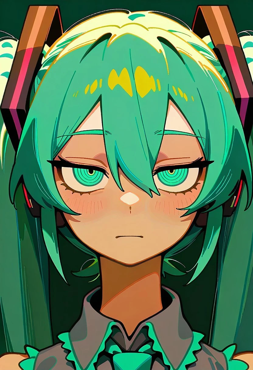 masterpiece,best quality,absurdres, amazing quality, hi res, masterpiece, best quality, detailed, amazing quality, detailed face, detailed eyes, clean eyes, best quality, highres, very aesthetic, newest, ultra-detailed, illustration, (best quality:1.1),ultra-detailed, high resolution, super detailed skin, beautiful detailed eyes, nsfw, Brightly Lit, Highly Visible, 8k, sharp focus, beautiful, perfect lighting, beautiful eyes, anatomically correct, anatomically correct face, extremely detailed eyes, smooth edges, beautiful face, symmetrical eyes, symmetrical face,
BREAK Little_netizen, disdainful eyes, 1girl, hatsune miku, close up, portrait, eyes focus:0.5