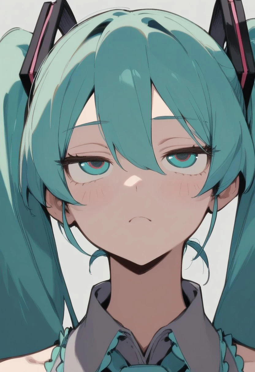 masterpiece, best quality, very aesthetic, high resolution, ultra-detailed, absurdres, newest, extremely detailed eyes, Little_netizen, disdainful eyes, 1girl, hatsune miku, close up, portrait