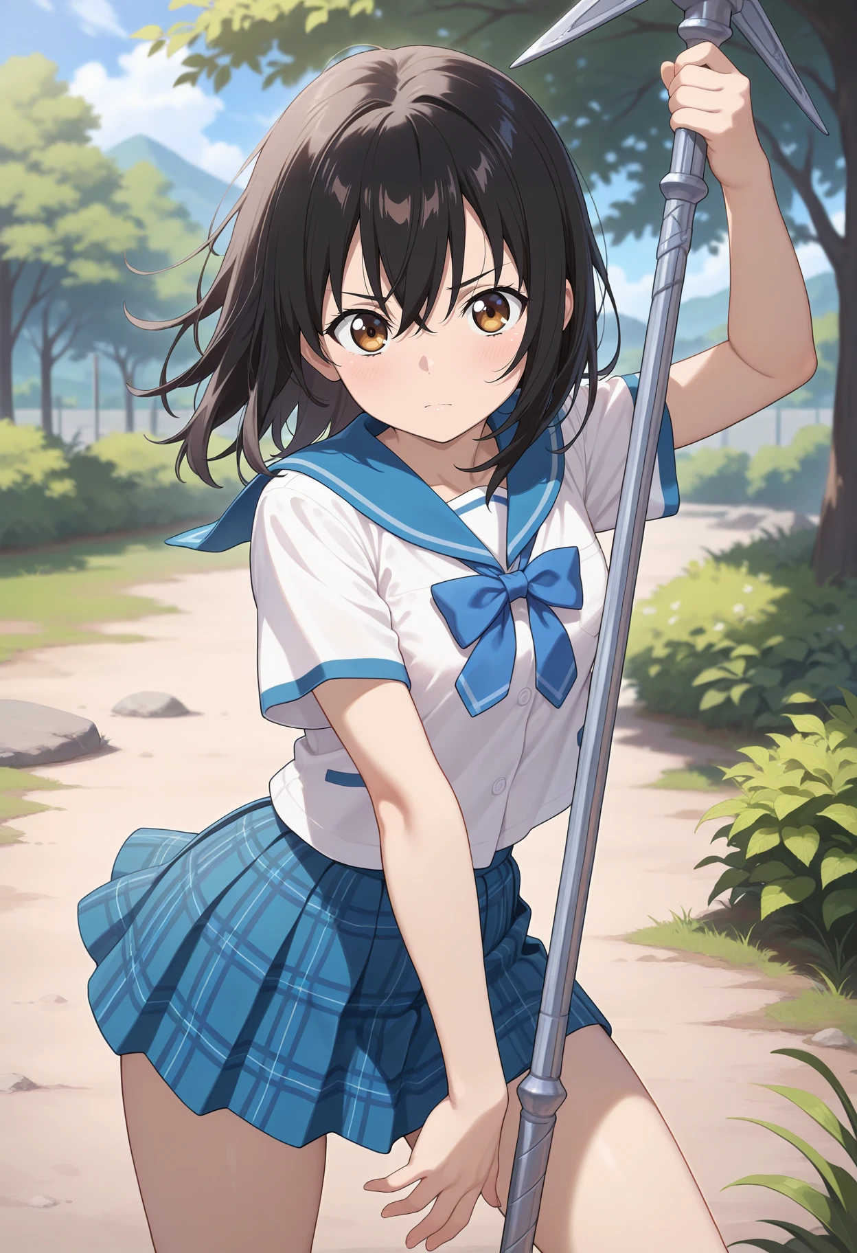 best quality, good quality, amazing quality, very aesthetic, absurdres, masterpiece, 1girl, aayukina, medium hair, black hair, brown eyes, school uniform, blue sailor collar, blue bow, white shirt, short sleeves, plaid skirt, blue skirt, <lora:himeragi_yukina_ilxl_v1:0.9>, standing, cowboy shot, holding weapon, polearm, spear, fighting stance, outdoors,