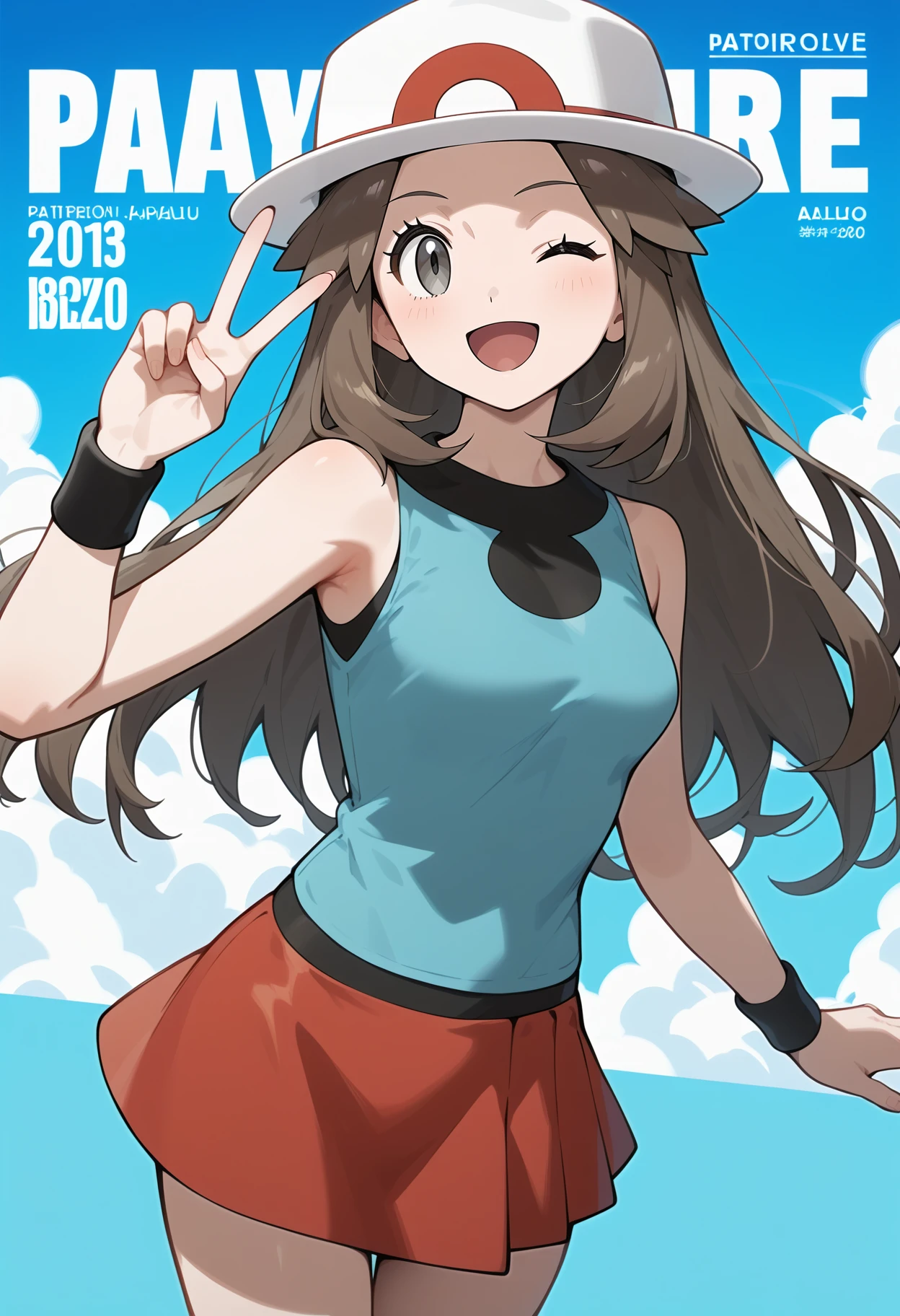 score_9, score_8_up, score_7_up, score_6_up, score_5_up, score_4_up, source_anime, aaleaf, long hair, brown hair, porkpie hat, white headwear, grey eyes, breasts, blue shirt, sleeveless, black wristband, miniskirt, red skirt, <lora:leaf_(pokemon)_ponyxl_v1:0.9>, peace sign, one eye closed, smile, open mouth, magazine cover, standing,