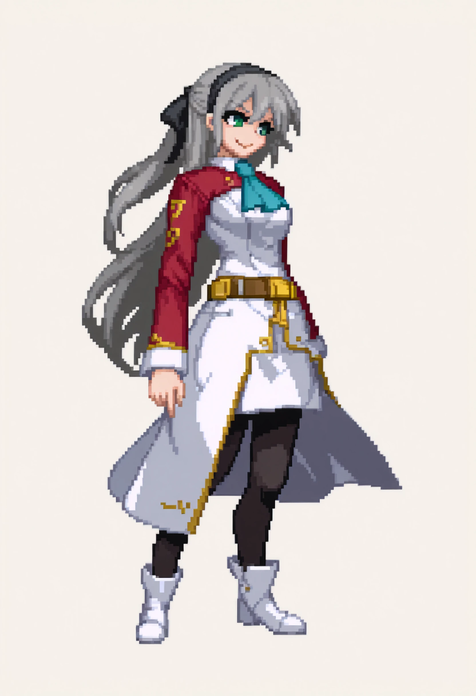 masterpiece, best quality, solo, 1girl, smile, looking at viewer, <lora:Melty-Blood-Sprites-illus_Fp:1>, pixel art, full body, simple background, white background, <lora:elie-illu-nvwls-v1:1>, zrelie, grey hair, long hair, half updo, green eyes, black hairband, hair ribbon, white and red uniform, white dress, aqua ascot, brown belt, black pantyhose, white boots,