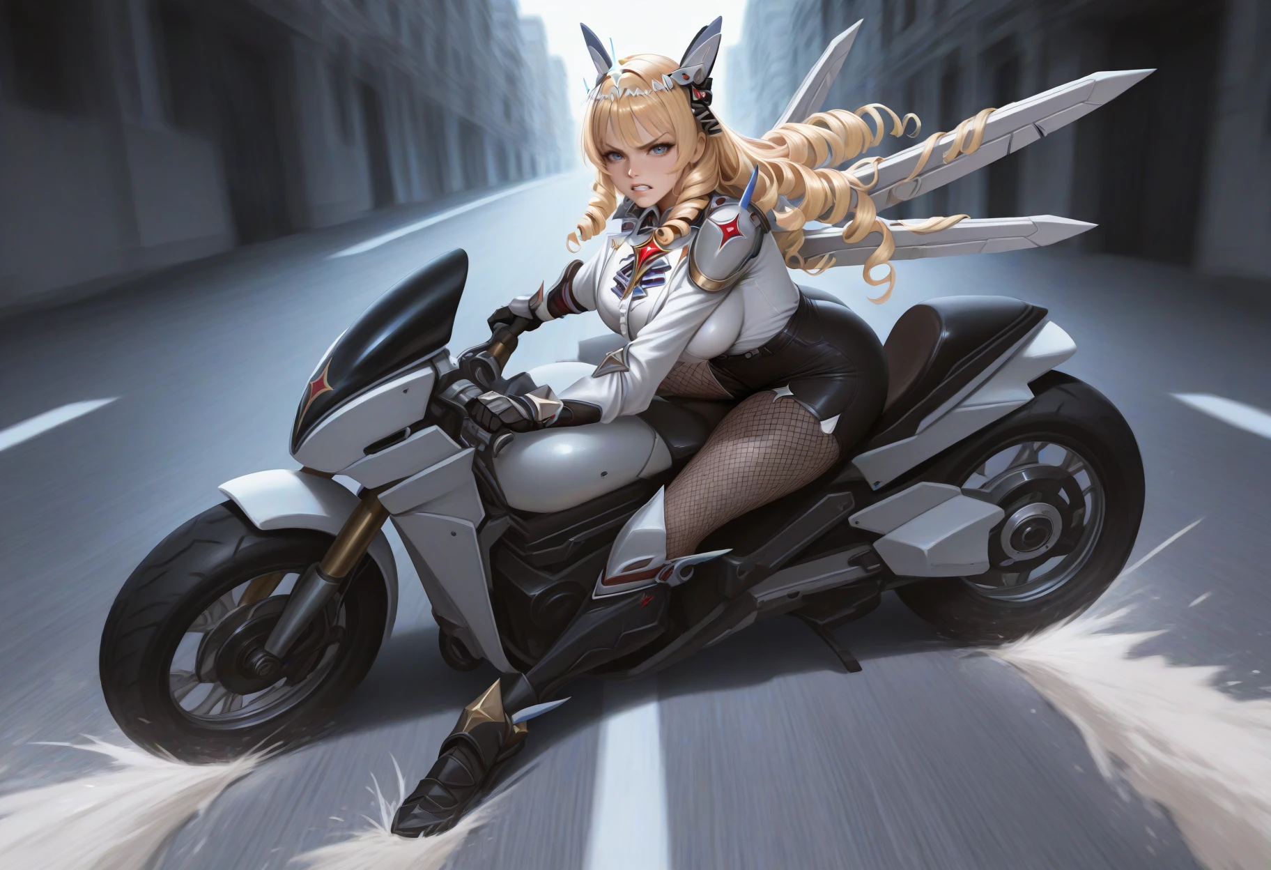 masterpiece, best quality, realistic, full body, solo, 1girl, crwndf, serious, clenched teeth, looking at viewer, ak1rasl1de, riding, motor vehicle, on motorcycle, blue eyes, v-shaped eyebrows, blonde hair, long hair, drill hair, drill sidelocks, tiara, hair ornament, headgear, large breasts, white jacket, white shirt, brooch, center frills, black shorts, high-waist shorts, gauntlets, black gloves, mechanical wings, shoulder armor, fishnet pantyhose, pantyhose, thighs, armored boots, black boots, road
<segment:yolo-Anzhc Face seg 640 v2 y8n.pt,0.4,0.5//cid=1>