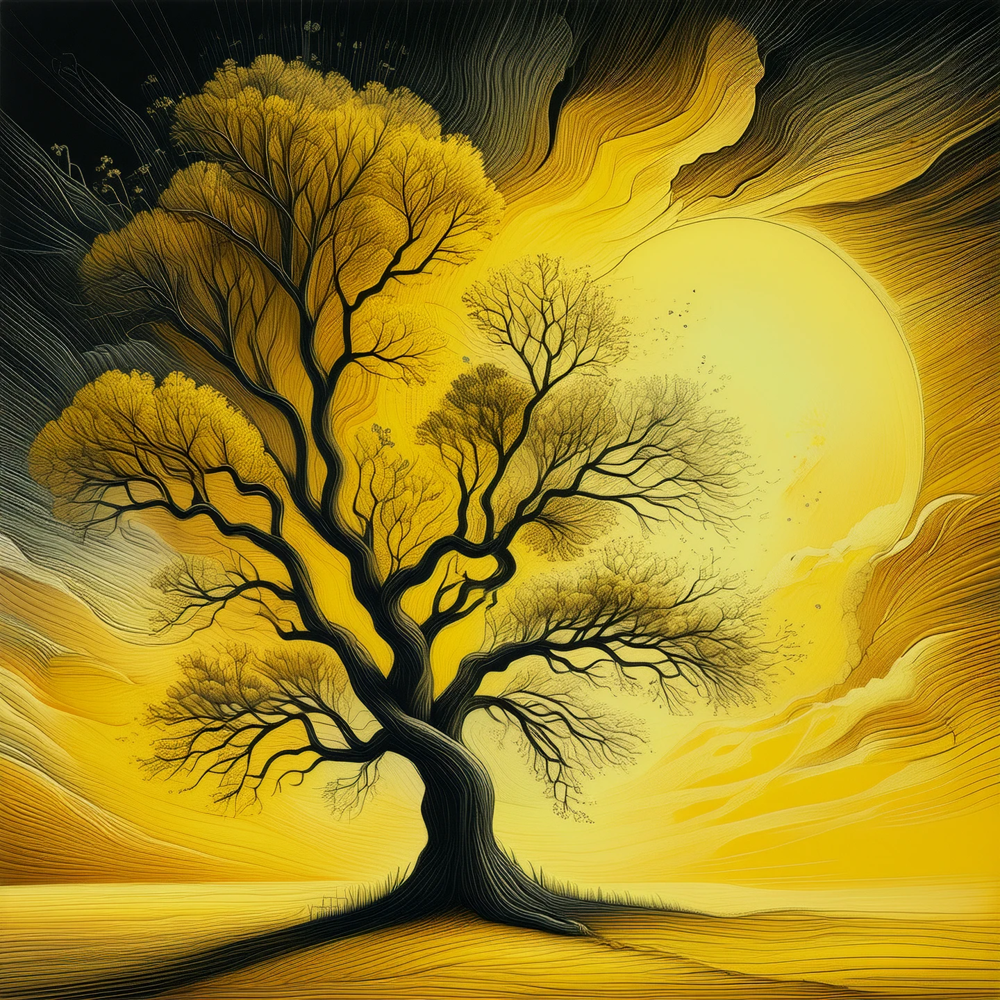 Color pencil drawing. Dark. Atmospheric. A tree darkly reaching into the sky. Mustard tones. Yellow theme. Muted colors. tones.
Abstract. Surreal.
pncldrwenCE_style.