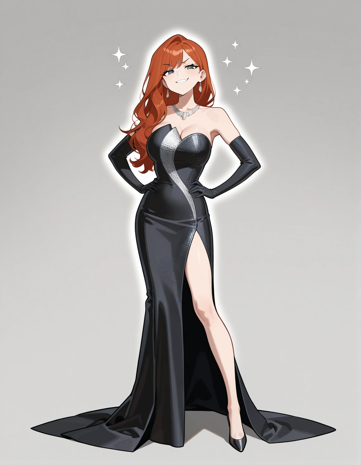 1girl, solo, standing, full body, black clothing, strapless dress, dr3ss, sequins, asymmetrical applique, hands on hips, smug, sparkle, <lora:DMGG2025-ILXL2025-01-25_20-18-25-save-252-42-0:1>, elbow gloves, necklace, earrings, masterpiece, best quality, very aesthetic, newest