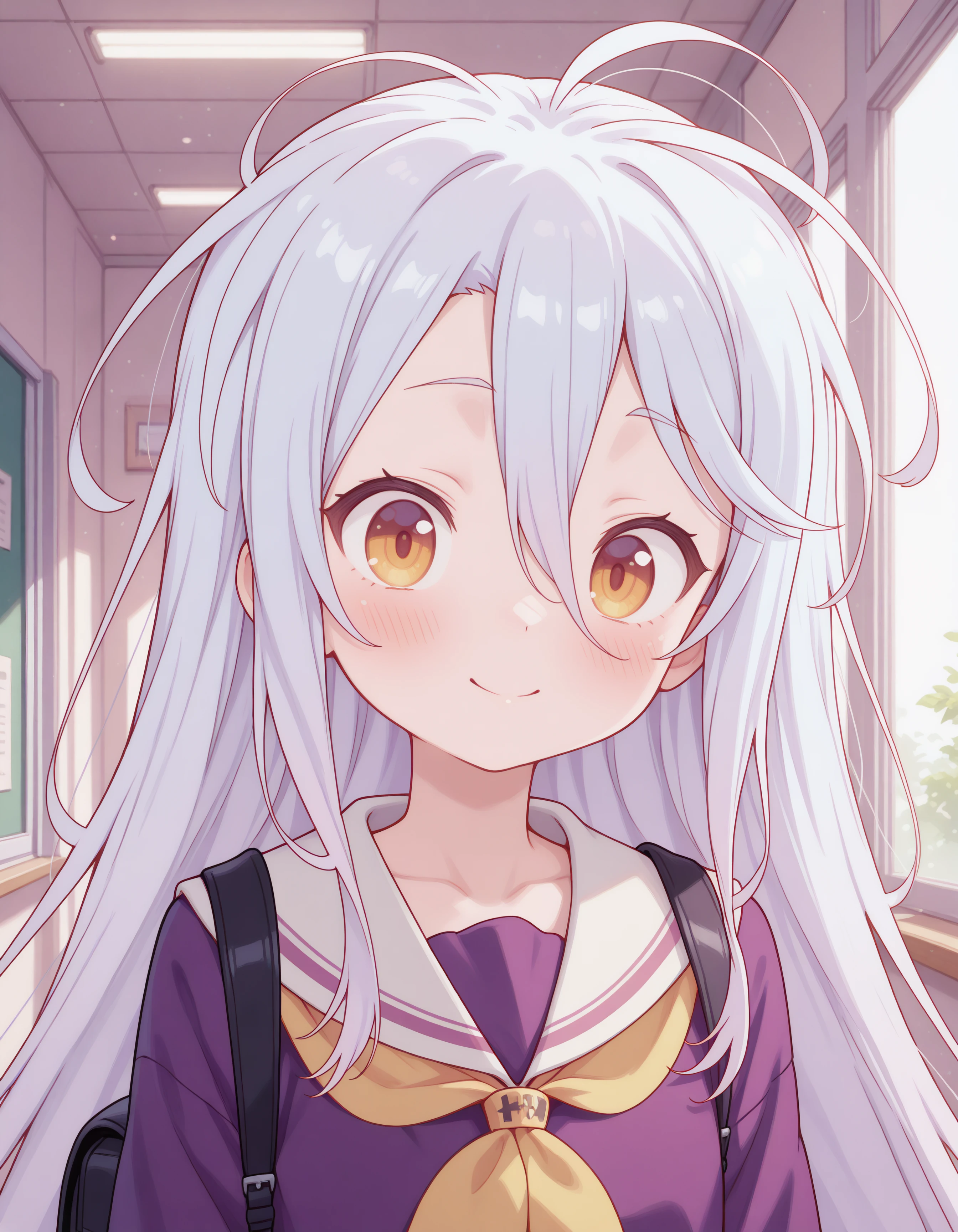 1girl, shiro_ngnl, pale skin, very long messy white hair, pale blue hair, yellow red eyes, purple sailor uniform, looking at the viewer, school backpack, blushing, smile, (clothed, ultra kawaii), hdr, low contrast,
masterpiece, best quality, absurdres, masterpiece, highres, perfect anatomy, anime style, anime screenshot, 8k wallpaper, ultra high quality, (extremely detailed cg), perfect lighting, (sharp image), dynamic angle