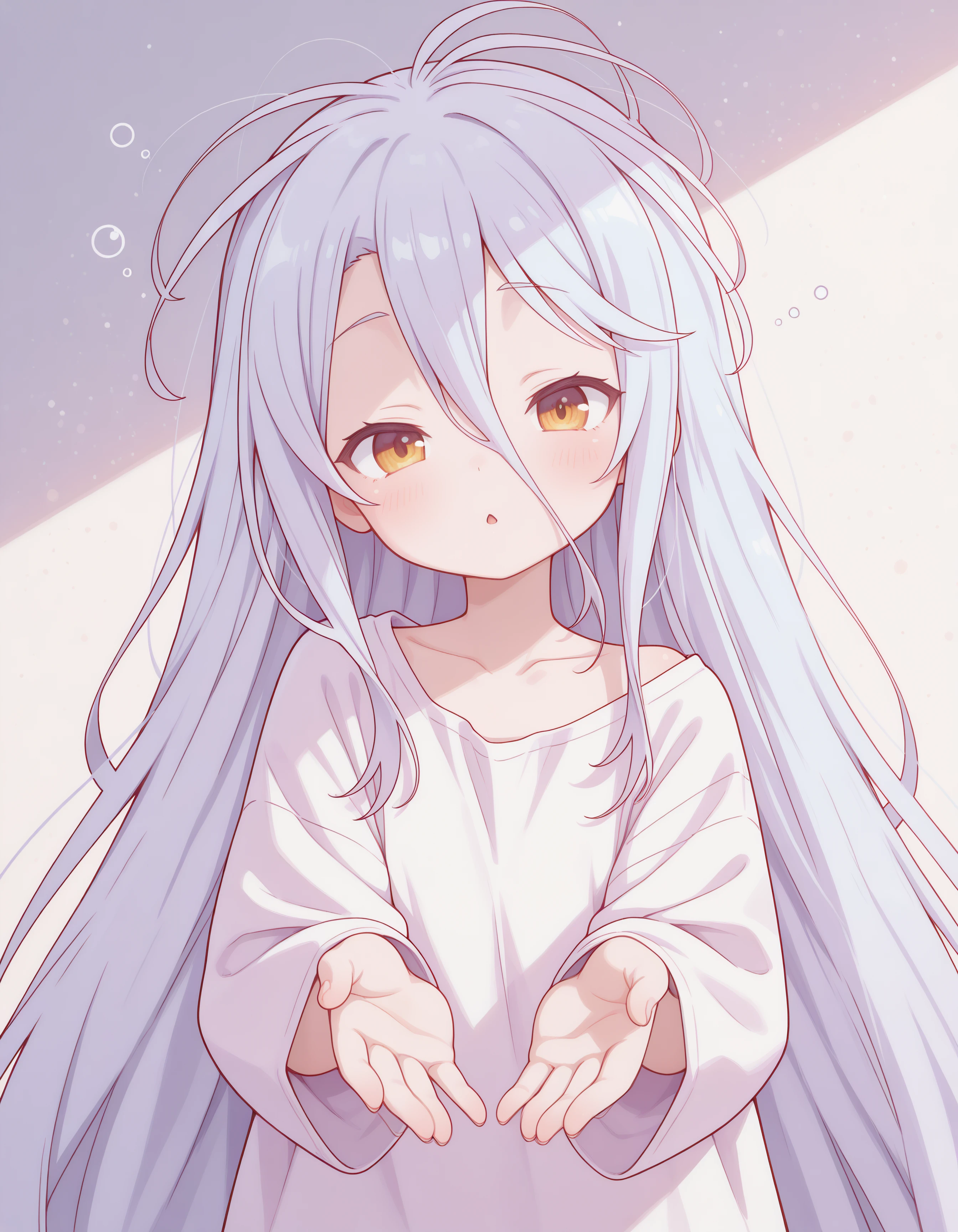 1girl, shiro_ngnl, pale skin, very long messy white hair, pale blue hair, yellow red eyes, pink pajyamas, eyes half closed, sleepy, reaching out with both hands, tiny, :o, incoming hug, head tilt, (clothed, ultra kawaii), hdr, low contrast,
masterpiece, best quality, absurdres, masterpiece, highres, perfect anatomy, anime style, anime screenshot, 8k wallpaper, ultra high quality, (extremely detailed cg), perfect lighting, (sharp image), dynamic angle