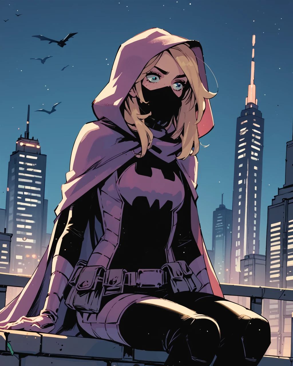 score_9, score_8_up, score_7_up, score_6_up, masterpiece, best quality, <lora:Batgirl_-_Stephanie_Brown_Pony:0.8> stephaniebrown, blonde hair, bodysuit, cape, belt pouch, mouth mask, hood, cityscape, night zPDXL3, zPDXLxxx, sitting