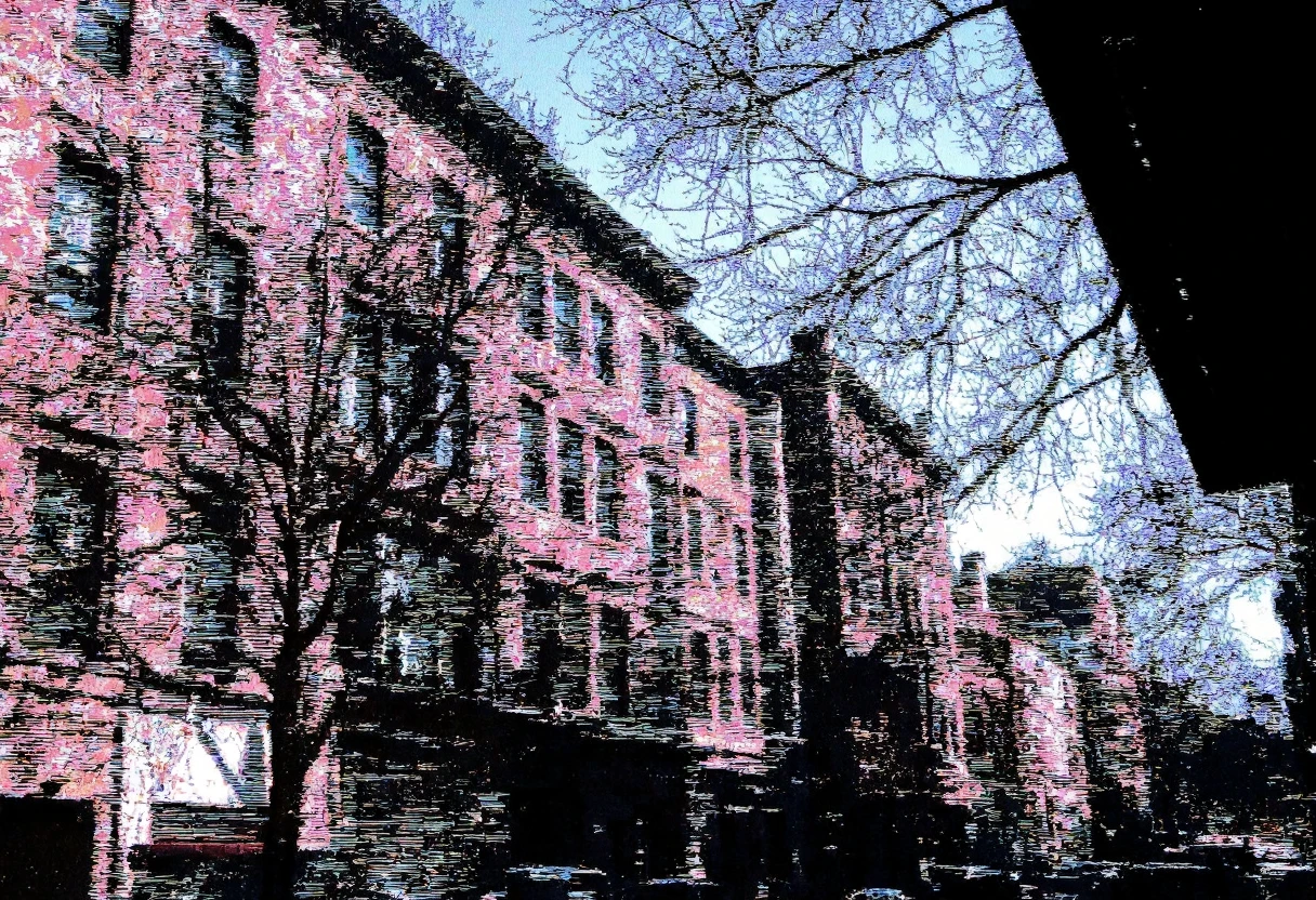 Circuit-bent/glitch art photograph showing street view of urban buildings with scaffolding in foreground, daytime lighting, multiple windows visible, no people present, tree branches intersecting, angle from slightly below eye level, natural colors with brick and concrete textures, horizontal and vertical pixelation distortion, magenta and light blue shifts, fragmented line patterns, moderate digital corruption,