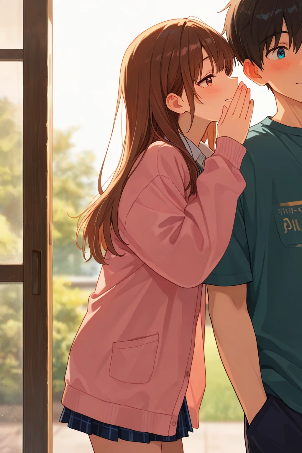 masterpiece, best quality, absurdres, safe
1girl 1boy, whispering in ear, standing, smile
<lora:whispering_in_ear_il_2_left_to_right:1>