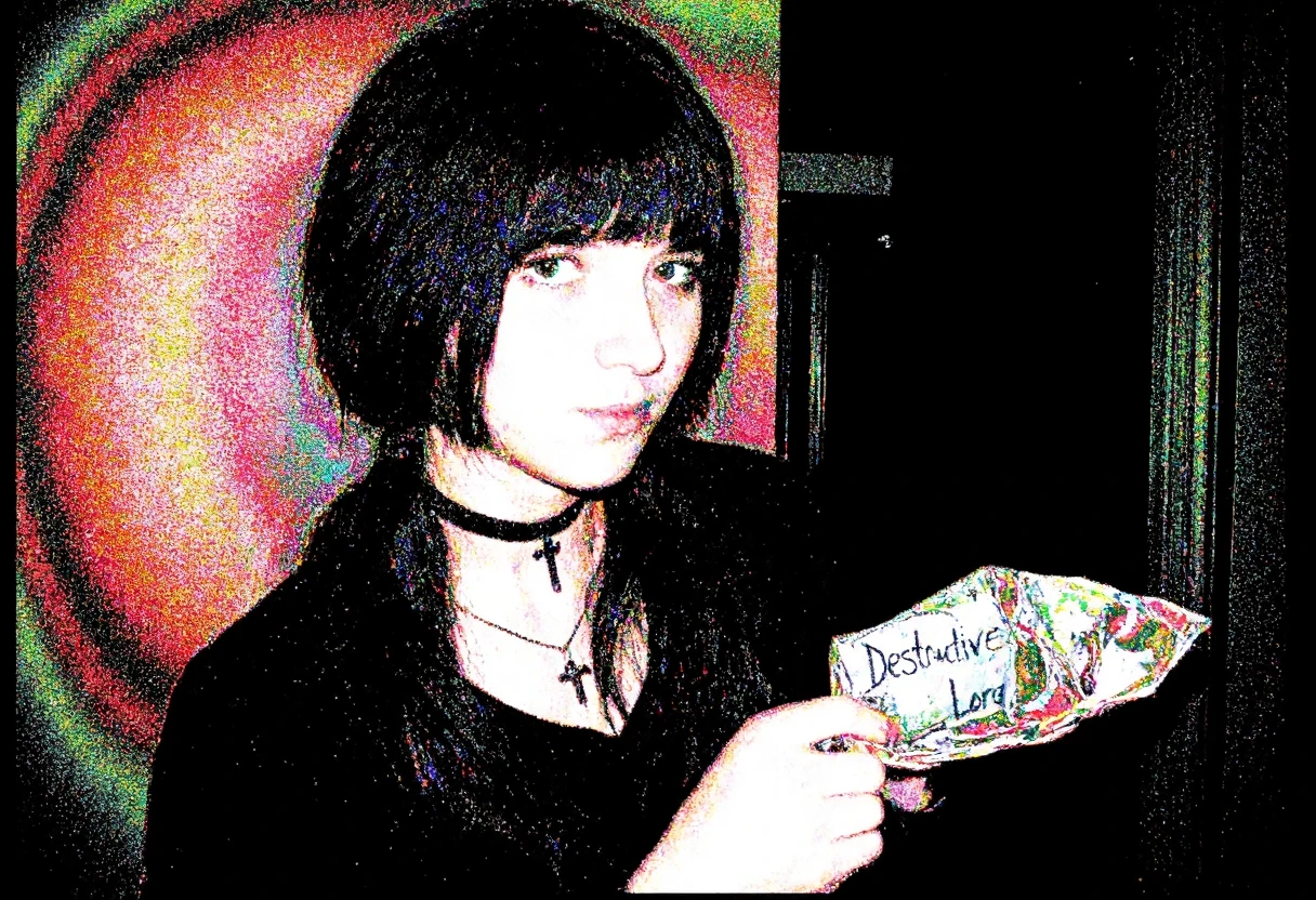 Circuit-bent/glitch art photograph showing Young woman, early 20s, slim build, light skin, dark straight hair styled in pigtails, blunt bangs covering forehead, wearing black choker and black cross necklace, slightly smirk, three-quarters angle, looking directly at the viewer, head slightly leaned, left hand holding a crumpled piece of paper with handwritten text "Destructive Lora", dressed in casual dark-toned clothes, standing indoors in a low-lit room. high-contrast lighting, dark indefinite background, color inversion effect, dominant red and green palette, swirling pattern distortions, moderate digital corruption,