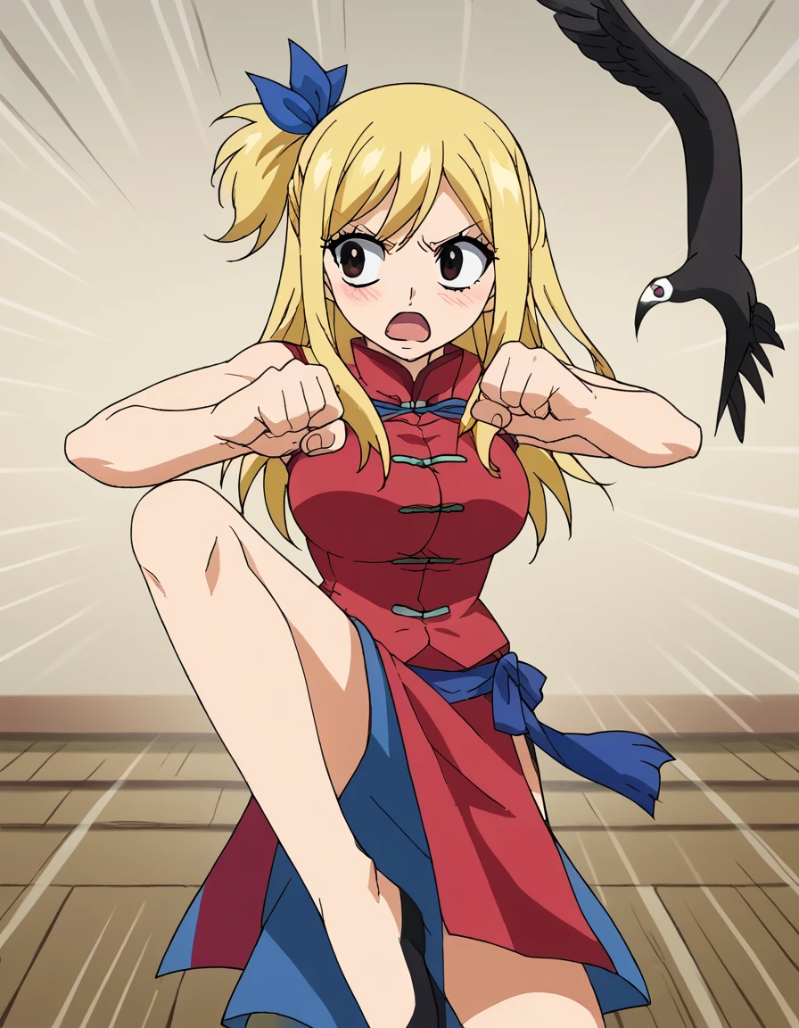 score_9, score_8_up, score_7_up, source_anime, <lora:lucy-heartfilia-s7-ponyxl-lora-nochekaiser:1>, lucy heartfilia, blonde hair, brown eyes, long hair, one side up, ribbon, hair ribbon, blue ribbon, large breasts, anime screencap, <lora:crane-stance-ponyxl-lora-nochekaiser:1>, crane stance, fighting stance, closed mouth, leg up, standing, standing on one leg, looking to the side, hands up, open mouth, blush, solo, <lora:tangzhuang-ponyxl-lora-nochekaiser:1>, tangzhuang, chinese clothes, pelvinc curtain,,