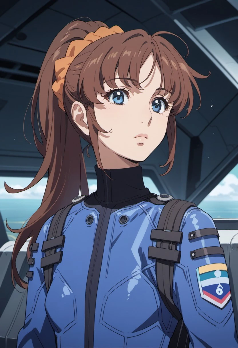 score_9, score_8_up, score_7_up, source_anime, kiryu mikage, brown hair, ponytail, long hair, blue eyes, 1girl, solo, scrunchie, jacket, pilot suit, hair scrunchie