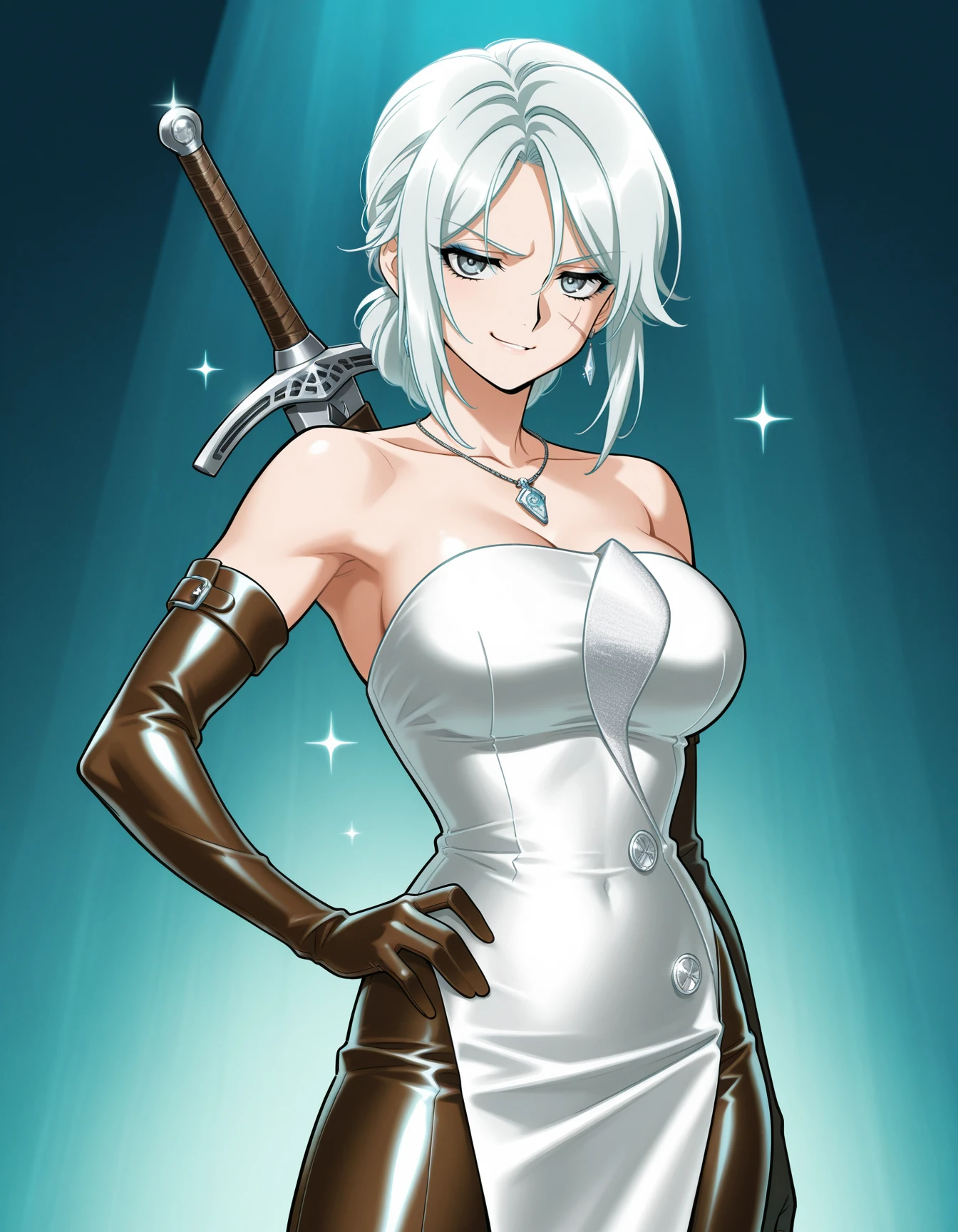 (araizumi rui), 1girl, solo, ciri, wielding sword, scar on face, standing, cowboy shot, strapless dress, satin white dress, diamond applique, asymmetrical applique, hand on hip, smug, sparkle, <lora:DMGG2025-ILXL2025-01-25_20-18-25-save-252-42-0:1>, elbow gloves, necklace, earrings, eyeliner, leather pants, buttons, sword on back, masterpiece, best quality, very aesthetic, newest