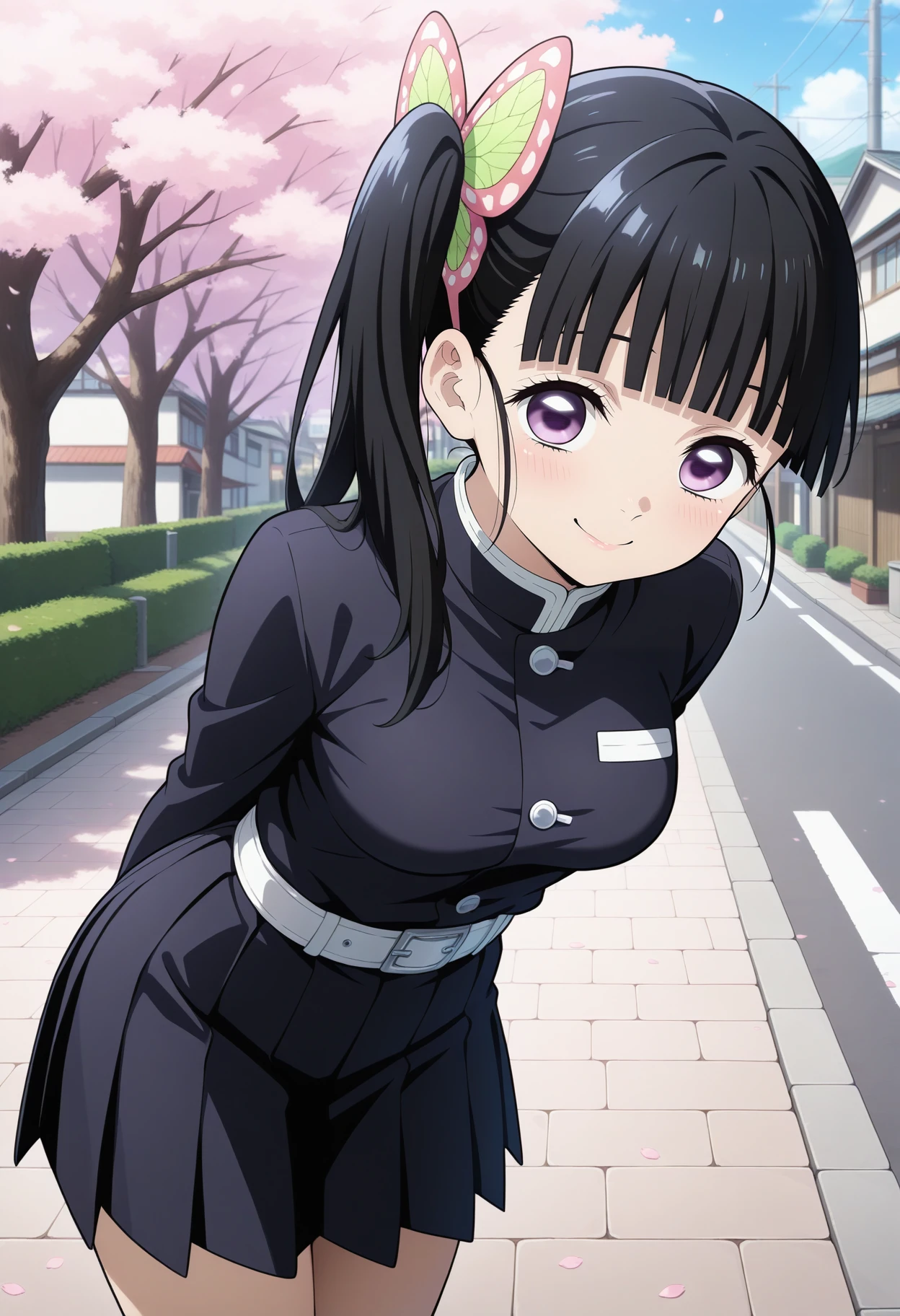 best quality, good quality, amazing quality, very aesthetic, absurdres, masterpiece, 1girl, aakanao, long hair, black hair, side ponytail, hair ornament, blunt bangs, purple eyes, medium breasts, black shirt, long sleeves, white belt, pleated skirt, black skirt, <lora:tsuyuri_kanao_ilxl_v1:1>, arms behind back, leaning forward, standing, outdoors, closed mouth, cherry blossoms, smile, town, road,