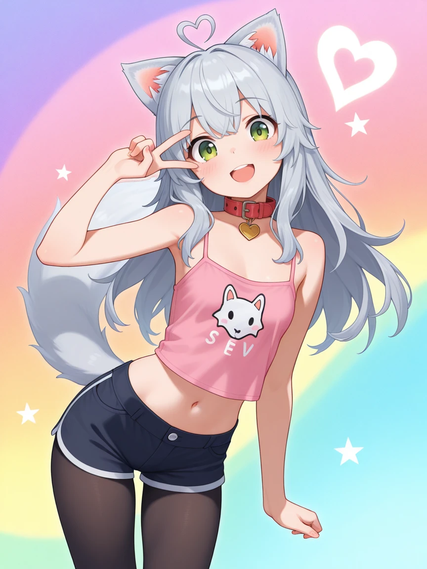 masterpiece,best quality,amazing quality, sfw, 1girl, solo, animal ears, long hair, ahoge, tail, collar, heart, green eyes, heart ahoge, grey hair, pink camisole, midriff, navel, shorts, black pantyhose, looking at viewer, smile, happy, open open mouth, blush, hearts, star, star \(symbol\), abstract background, V, v over eye, standing, head tilt, leaning to the side, colorful background, <lora:Kit_Illisruous:0.7>