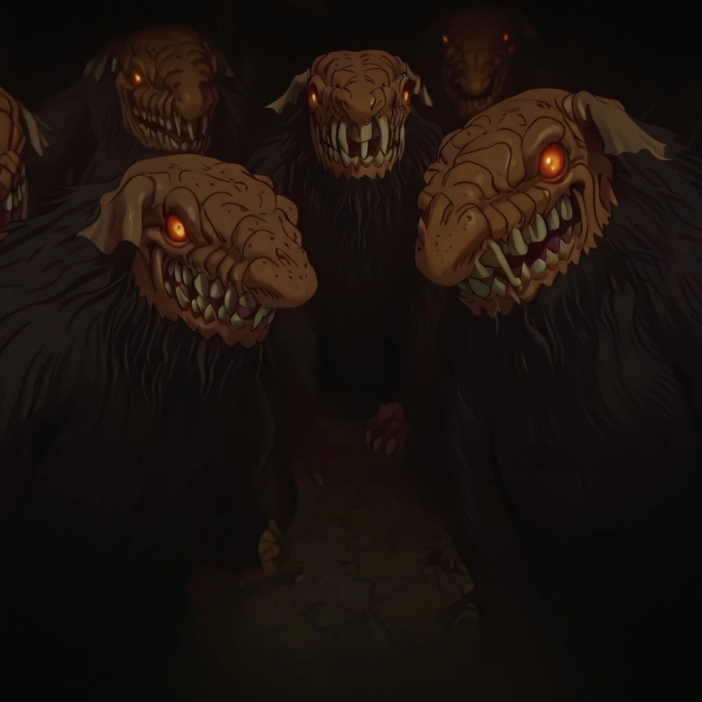 masterpiece, best quality, newest, absurdres, highres, anime, anime style, berserk, Berserk-Troll-IL-V1.0-MultipleTrolls, multiple trolls, multiple monsters, multiple others, monster, horror (theme),
