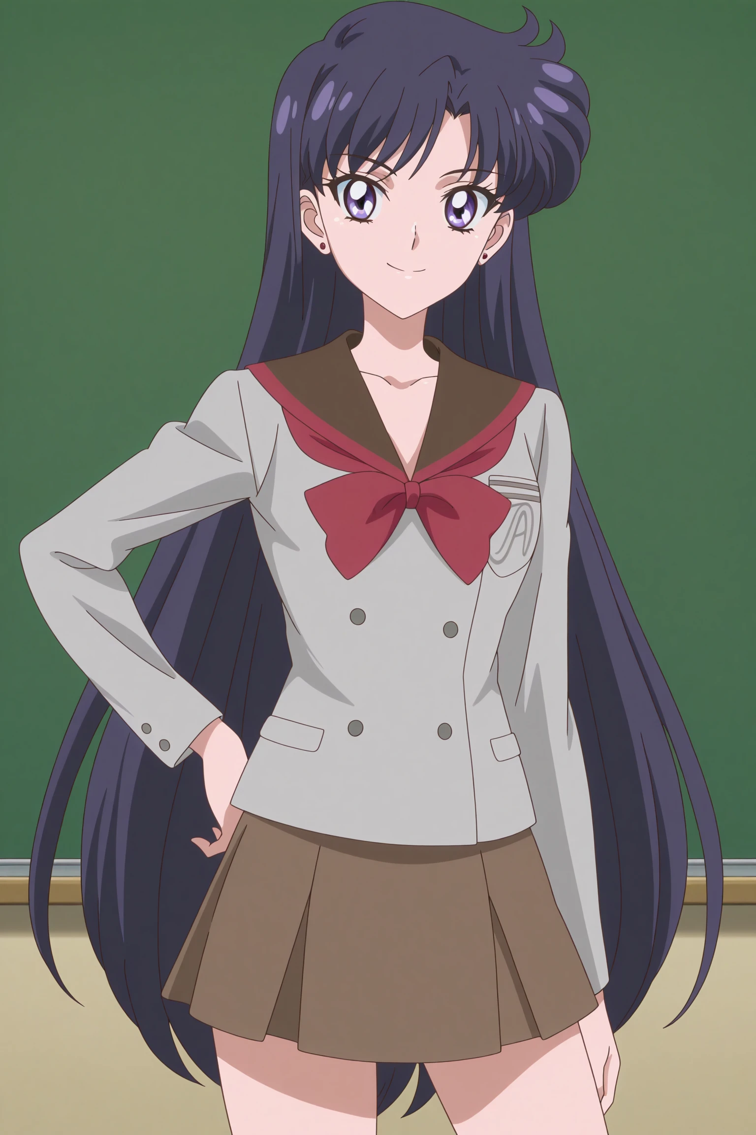 masterpiece, best quality, amazing quality, highres, absurdres, very aesthetic, high resolution, ultra detailed, perfect details, 1girl, solo, indoors, classroom, hino rei, long hair, purple hair, purple eyes, stud earrings, long sleeves, grey shirt, brown sailor collar, red bowtie, brown skirt, white socks, kneehighs, black footwear, strappy heels, <lora:Rei_Hino_ILXL:0.9>, (aged up:1.5), (cowboy shot:1.5), smile, looking at viewer, (pose:1.3), (anime screencap:1.5), (anime coloring:1.5), (turning head:1.5)