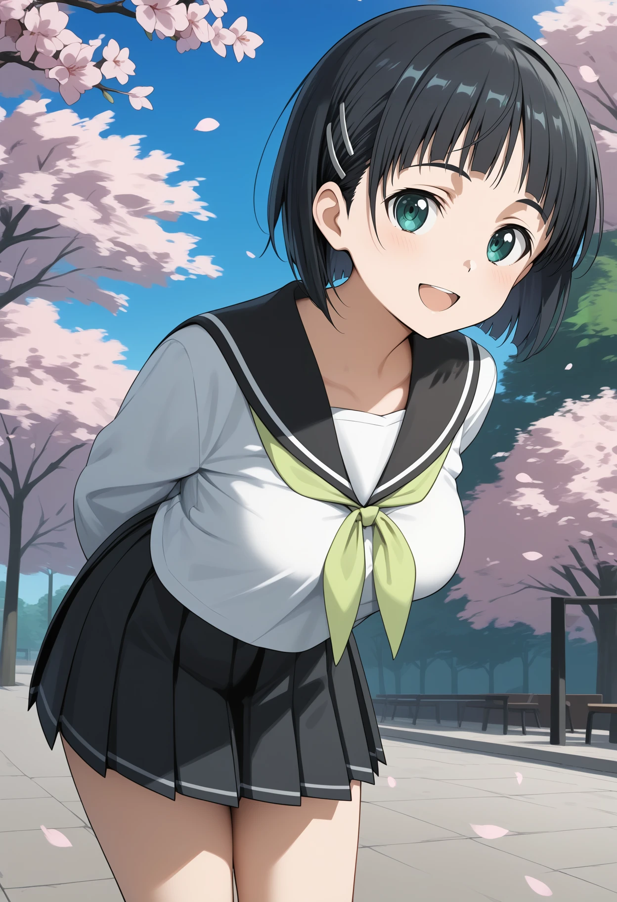 score_9, score_8_up, score_7_up, score_6_up, score_5_up, score_4_up, source_anime, aasuguha, short hair, black hair, hairclip, green eyes, breasts, serafuku, black sailor collar, green neckerchief, white shirt, long sleeves, pleated skirt, black skirt, <lora:kirigaya_suguha_ponyxl_v1:0.9>, arms behind back, leaning forward, standing, outdoors, open mouth, cherry blossoms, smile, park,