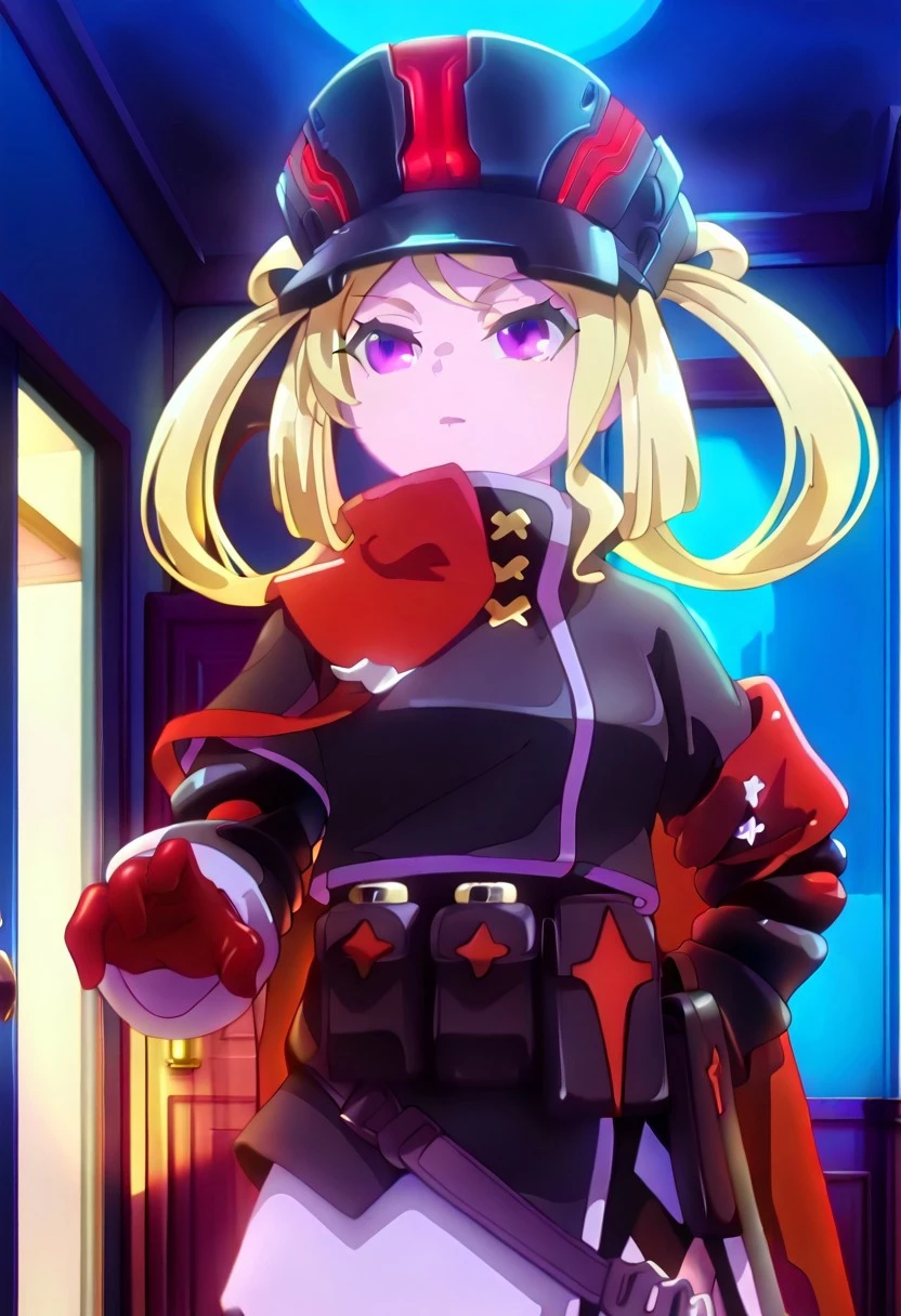 masterpiece, best quality, at room, indoor, at night, moonlight,von asam, female, hat, blonde hair, short hair, purple eyes, military uniform, red gloves, pouch