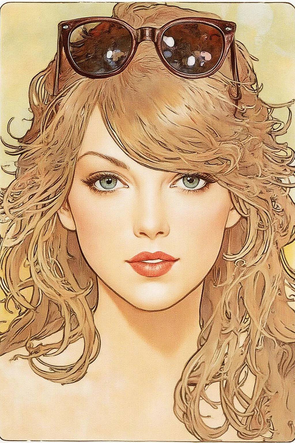 mucha1 illustration of face of Taylor Swift, with bangs and a pair of sunglasses above her head. <lora:mucha1_cap_d6a3e11:1.0><lora:822867171001572032:0>