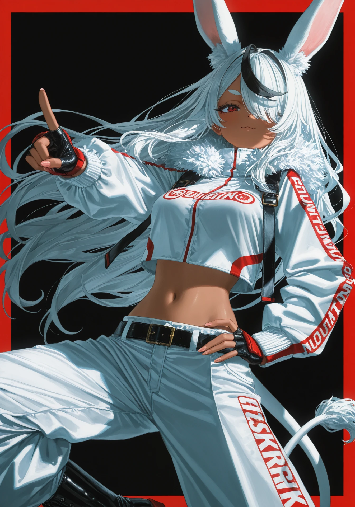 masterpiece, best quality, good quality, (waterkuma:1.22), racing suit, white_theme, sporty motorcycle,
1girl, rabbit ears, rabbit girl, red eyes, dark-skinned female, dark skin, animal ears, white hair, white military uniform, white skirt, belt, hand on hip, gloves, boots, (waterkuma:1.3), reflective floor, italian mafia,
masterpiece, best quality, good quality, lion tail,
1girl, one eye closed, hair over one eye, white background, self-upload, long_hair white hair, rabbit ears, pointing at viewer, pointing, :3, fingerless gloves, fingernails, shy, tan, eyelashes, detailed hair, clean,
masterpiece, best quality, good quality,
1girl, anime, solo, concept art, very aesthetic, luxury [thug] girl, baggy pants, midriff, (tan skin, dark skin), colored skin, wide stance, looking at viewer, pretty, cute, dot_nose, metallic, gangster style, (anime face), anime wallpaper, anime outlines, black outlines, thick eyebrows, long hair, fluffy hair, black hair, streaked hair, hand in pocket, dark skin, tan, lace jacket, open jacket, light and shadow, gold trim, luxury, kawaii style, (lion mane:1.2), cream background, artistic poster composition, (floral detail and pattern:1.2), ornate_border, looking at viewer, [by quasarcake], rhasta, [reoen], (hiro \(dismaless\)), [[baffu]], year 2023,
dark theme, [cgi], (photo \(medium\):0.8), year 2023, amazing quality, RTX, cinematic light, best quality, amazing quality, very aesthetic, absurdres, masterpiece, best quality, good quality,
1girl, bangs, flag_background, from_side, (profile:0.8), red_background, red_border, red_eyes, maroon theme, short_hair, simple_background, solo, flowing hair, glowing red eye trail, (fierce), white_flower, style of Bourgeois, angular, an album cover, pure