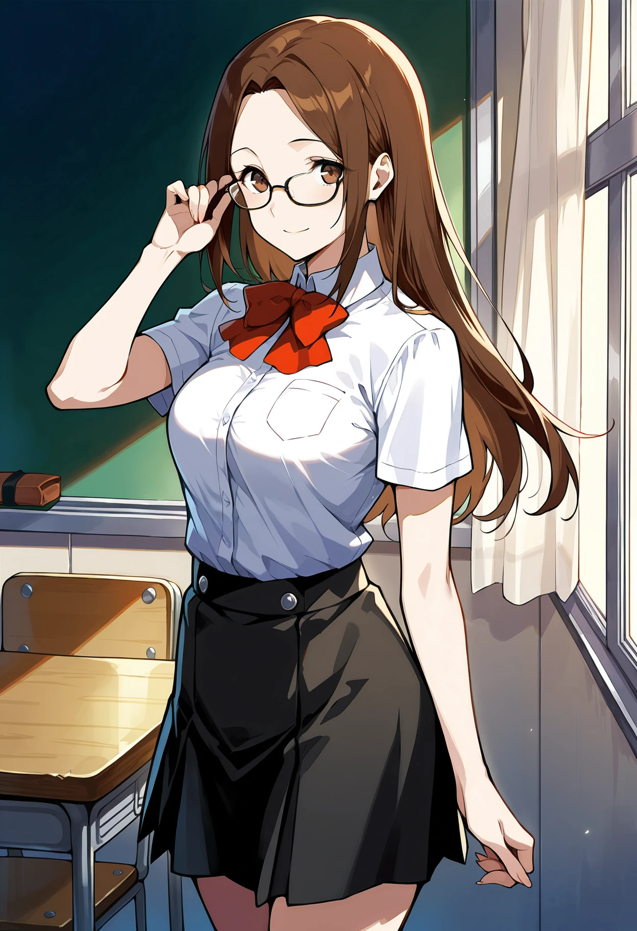 (masterwork, masterpiece, best quality, hyper-detailed :1.3),
1 girl, solo,
p3chihiro, long hair, brown hair, glasses, hair down
p3chihiro-sumuni, school uniform, gekkoukan high school uniform, bow, bowtie, red bow, shirt, short sleeves, white shirt, dress shirt, skirt, black skirt, thighs,
classroom, standing, looking at viewer, smile,