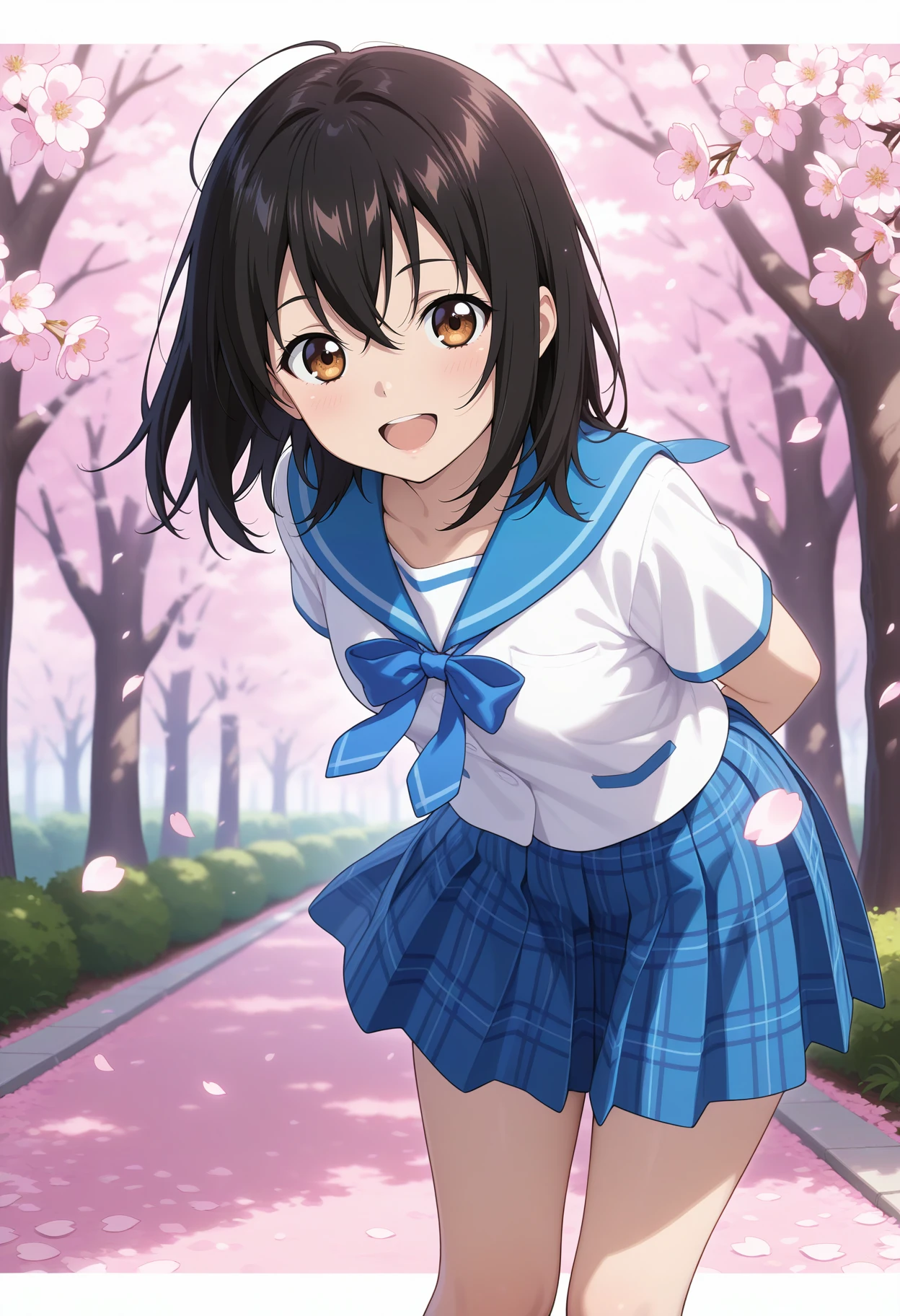 best quality, good quality, amazing quality, very aesthetic, absurdres, masterpiece, 1girl, aayukina, medium hair, black hair, brown eyes, school uniform, blue sailor collar, blue bow, white shirt, short sleeves, plaid skirt, blue skirt, <lora:himeragi_yukina_ilxl_v1:0.9>, arms behind back, leaning forward, standing, outdoors, open mouth, smile, petals, cherry blossoms,