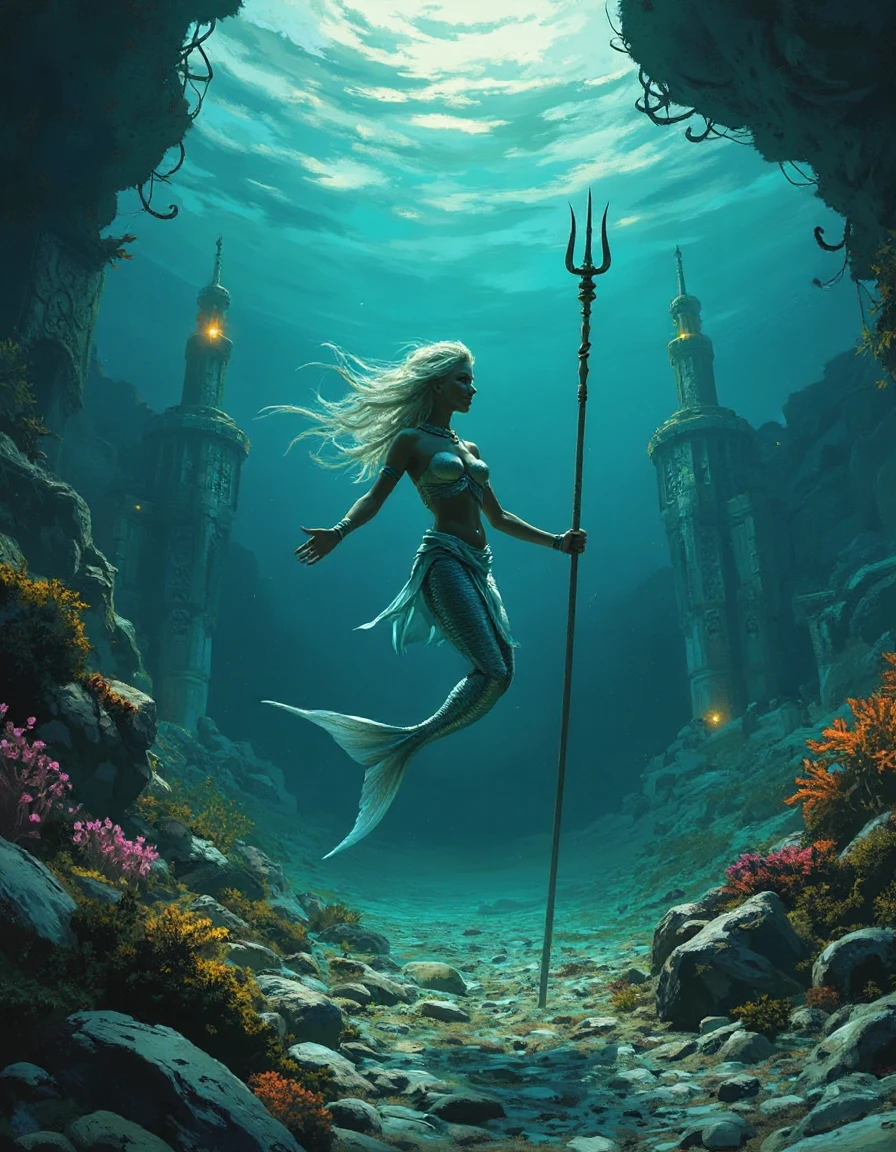 fantasy painting of an underwater fantasy kingdom of mermaids and mermen holding tridents and floating above their colorful cobble strets at the bottom of the ocean with delicate tall filigree towers lit with glowing lichen and magical devices