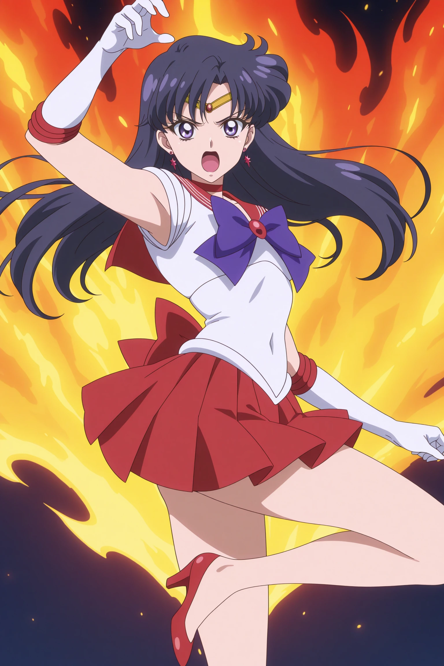 masterpiece, best quality, amazing quality, highres, absurdres, very aesthetic, high resolution, ultra detailed, perfect details, 1girl, solo, (fiery background:1.5), (abstract background:1.5), sailor mars,  long hair, purple hair, purple eyes, red earrings, floating earring, circlet, sailor senshi uniform, magical girl, red choker, red sailor collar, purple bow, white gloves, elbow gloves, red skirt, pleated skirt, (red back bow:1.5), red footwear, high heels, <lora:Rei_Hino_ILXL:0.8>, (aged up:1.5), (foot out of frame:1.5), (angry:1.3), looking at viewer, (dynamic pose:1.3), (anime screencap:1.5), (anime coloring:1.5), open mouth