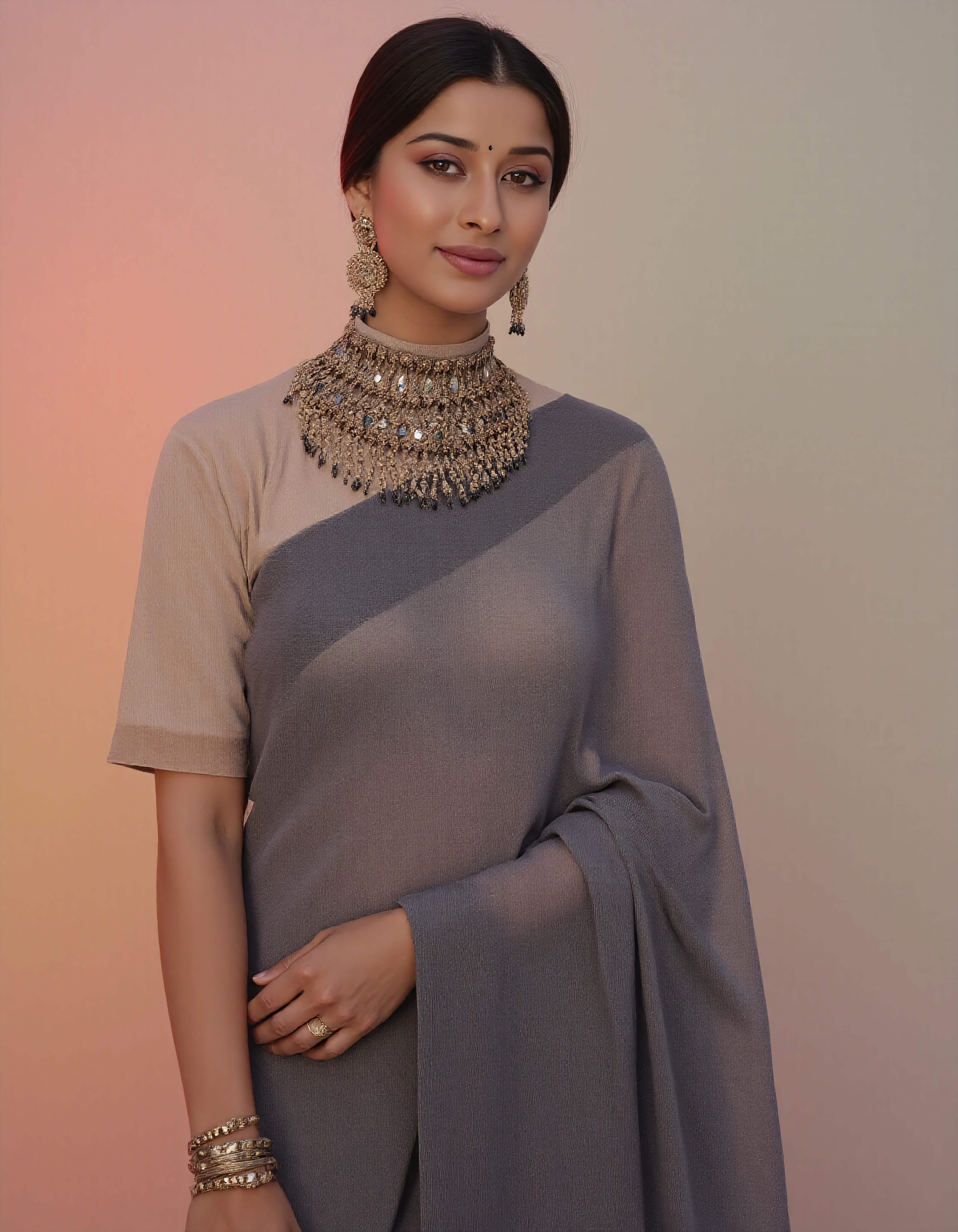 full body photo of Nyra Banerjee, hyper realistic candid photo, shy smile,studio quality, wearing intricate conservative turtleneck Charcoal Dhoti Saree, pixie, pastel shaded multicolored background, cinematic lighting, <lora:Nyra_Banerjee_Madhuurima_Flux_Kohya_V1:1>âââ