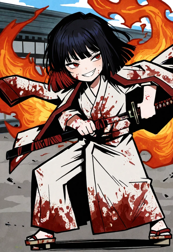 masterpiece, perfect face, beautiful face, perfect hands, beautiful hands, <lora:Limbus_Fight_Artstyle_Illustrious:1>, Limbus_Chibi_Artstyle, chibi, 1girl, solo, ryoshu \(project moon\), black hair, short hair, red eyes, asian girl, mad grin, white kimono, geta, holding katana, unsheathing katana, full body, outdoors, day, japanese old city in fire on background, dynamic pose, fight, blood on face, blood on clothes