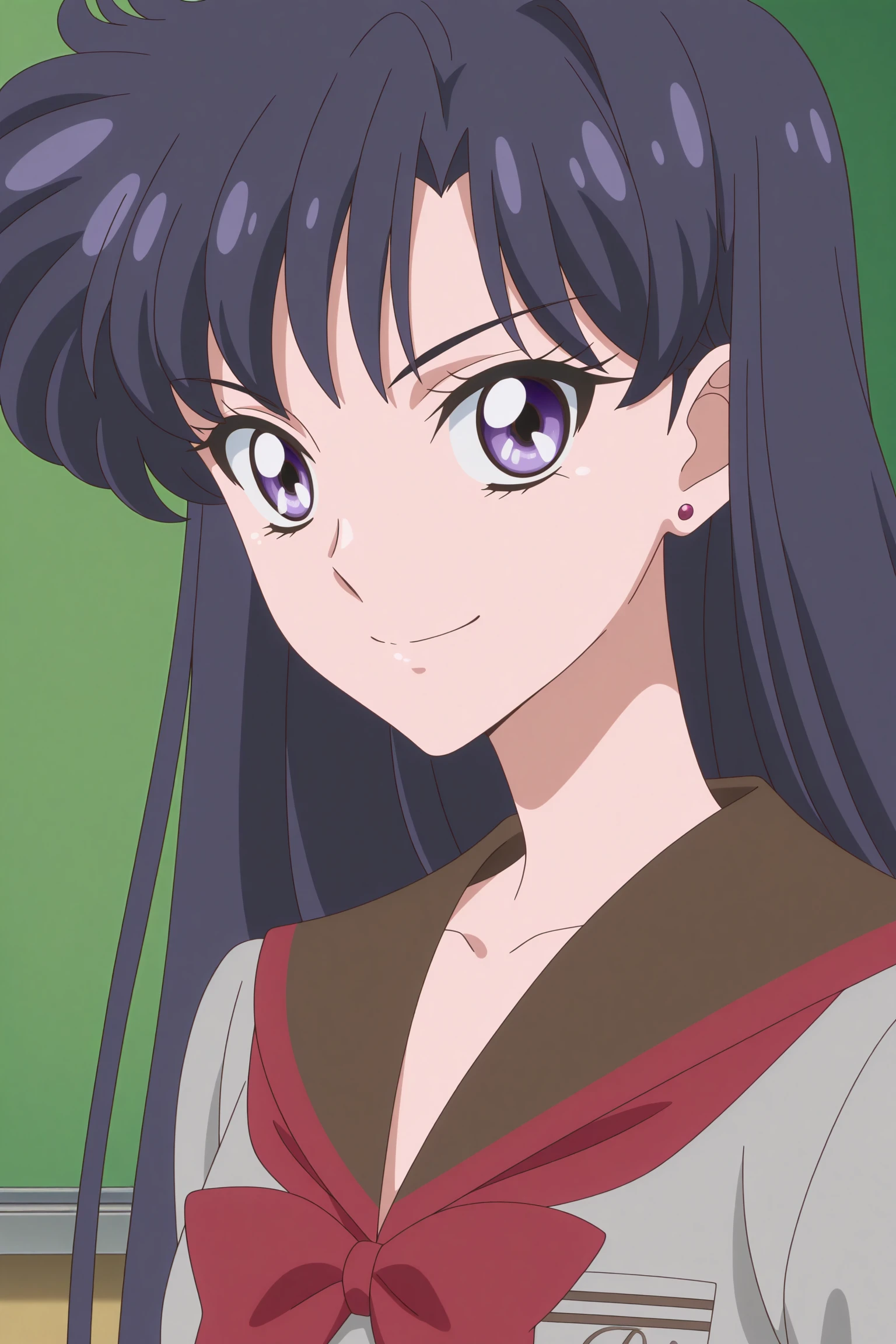 masterpiece, best quality, amazing quality, highres, absurdres, very aesthetic, high resolution, ultra detailed, perfect details, 1girl, solo, indoors, classroom, hino rei, long hair, purple hair, purple eyes, stud earrings, long sleeves, grey shirt, brown sailor collar, red bowtie, brown skirt, white socks, kneehighs, black footwear, strappy heels, <lora:Rei_Hino_ILXL:0.9>, (aged up:1.5), (portrait:1.5), smile, looking at viewer, (pose:1.3), (anime screencap:1.5), (anime coloring:1.5), from side