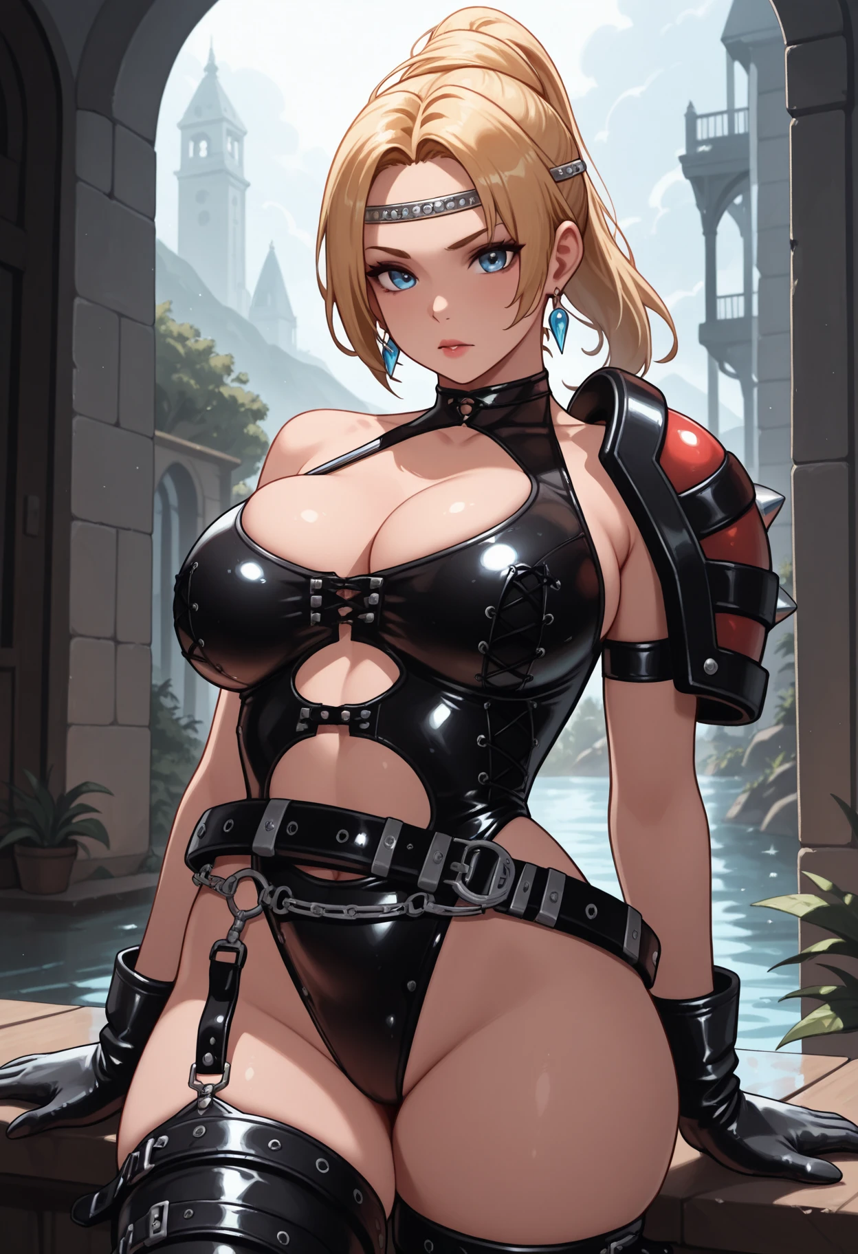 masterpiece, best quality, amazing quality, 1girl, solo,
,r4ch3l,thigh boots, high heels, earrings, shoulder armor, gloves, leotard, belt, circlet, cowboy shot, 
<lora:rachelIllustrious:1>,