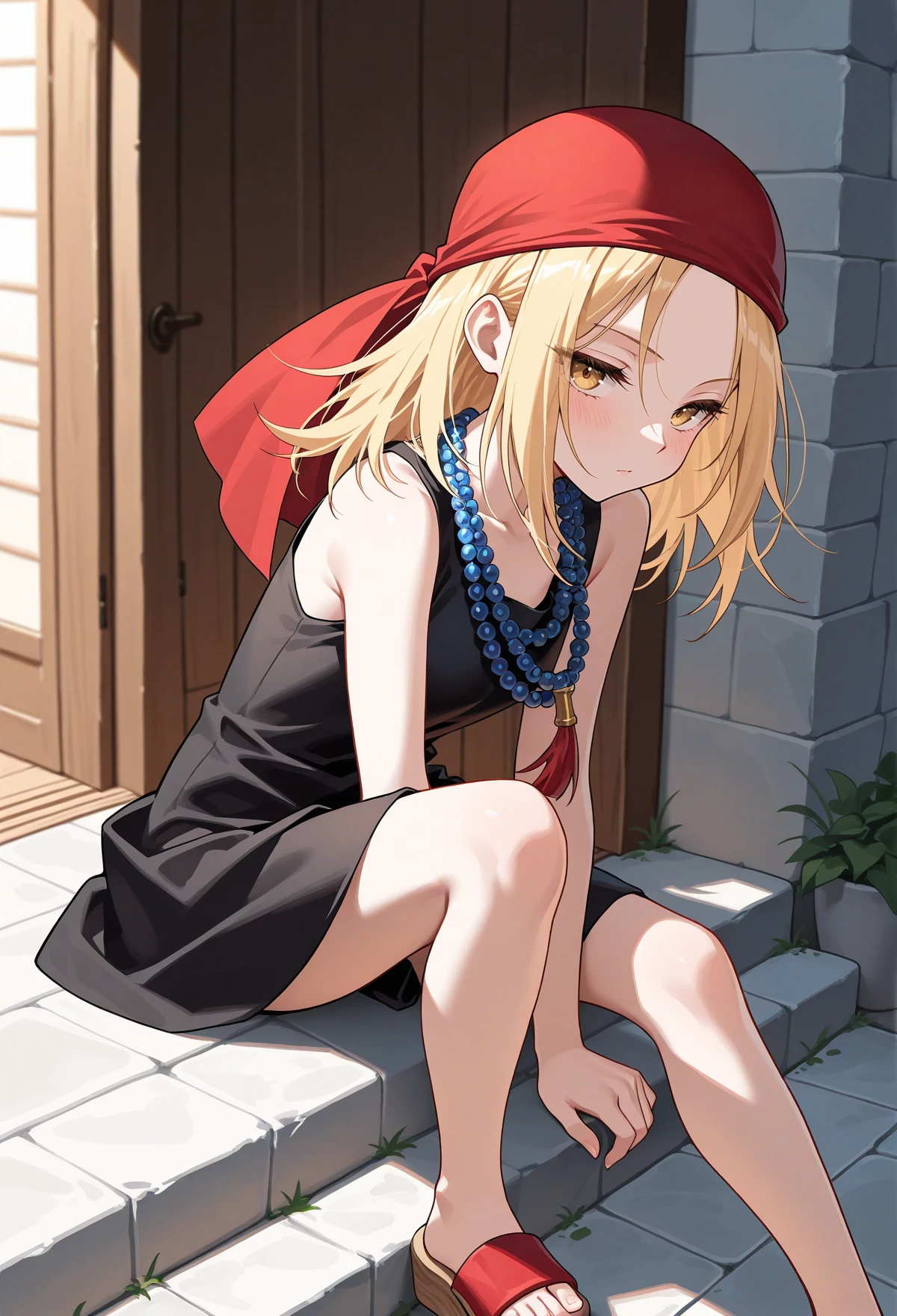 masterpiece, best quality, high quality, anime, solo,
<lora:AEAnna:1> AEAnna, yellow eyes, blonde hair, parted bangs, forehead, bead necklace, black dress, sleeveless dress, sandals, red bandana,