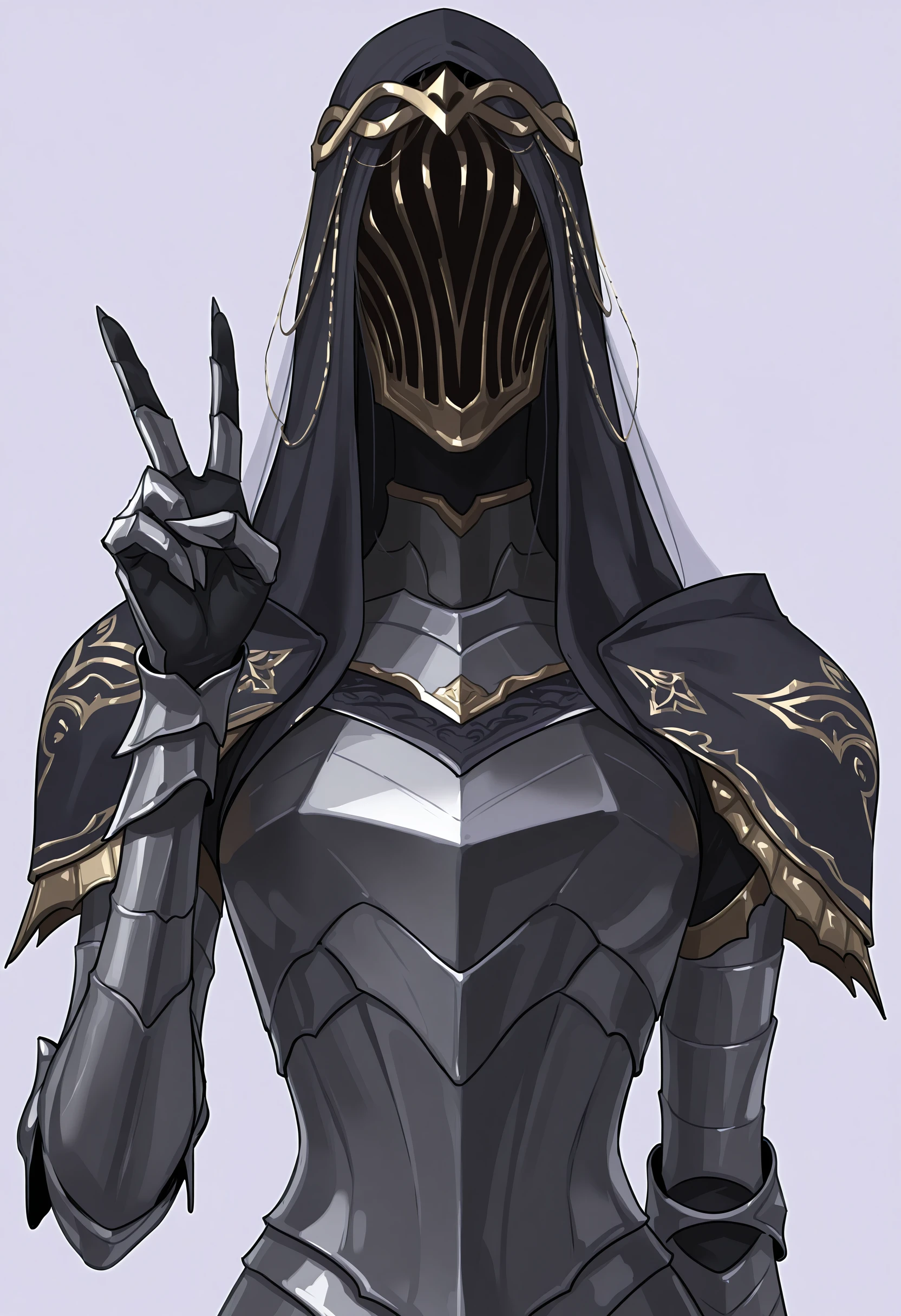 masterpiece, best quality, amazing quality, very aesthetic, absurdres, newest, <lora:DancerDS3ILf:0.9> dbvilf, 1girl, armor, shoulder armor, gauntlets, veil, hood, colored skin, long limbs, upper body, v sign,
light purple background, simple background,