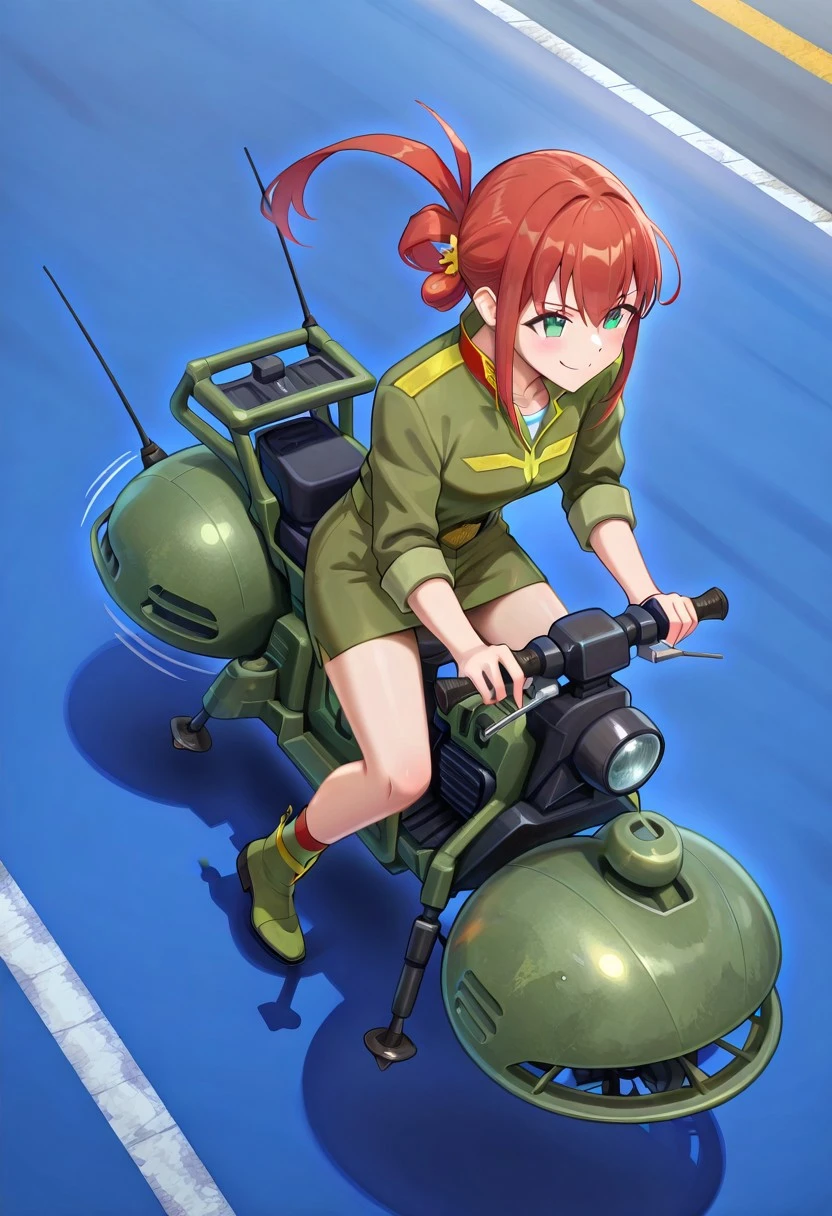 official art, masterpiece, best quality, absurdres, very aesthetic, 1girl, solo, female focus, alma_CF, red hair, short hair with long locks, bangs, sidelocks, single hair bun, hair ornament, floating hair, ponytail, green eyes, small breasts, military uniform, collared jacket, military rank insignia, green jacket, white undershirt, sleeve cuffs, belt, belt buckle, green skirt, knee socks, green socks, ankle boots, green footwear, science fiction, vehicle focus, wappa, riding, vehicle, air craft, outdoors, happy, smile, motion lines, flying, from above, parking lot, military base, serious expression,