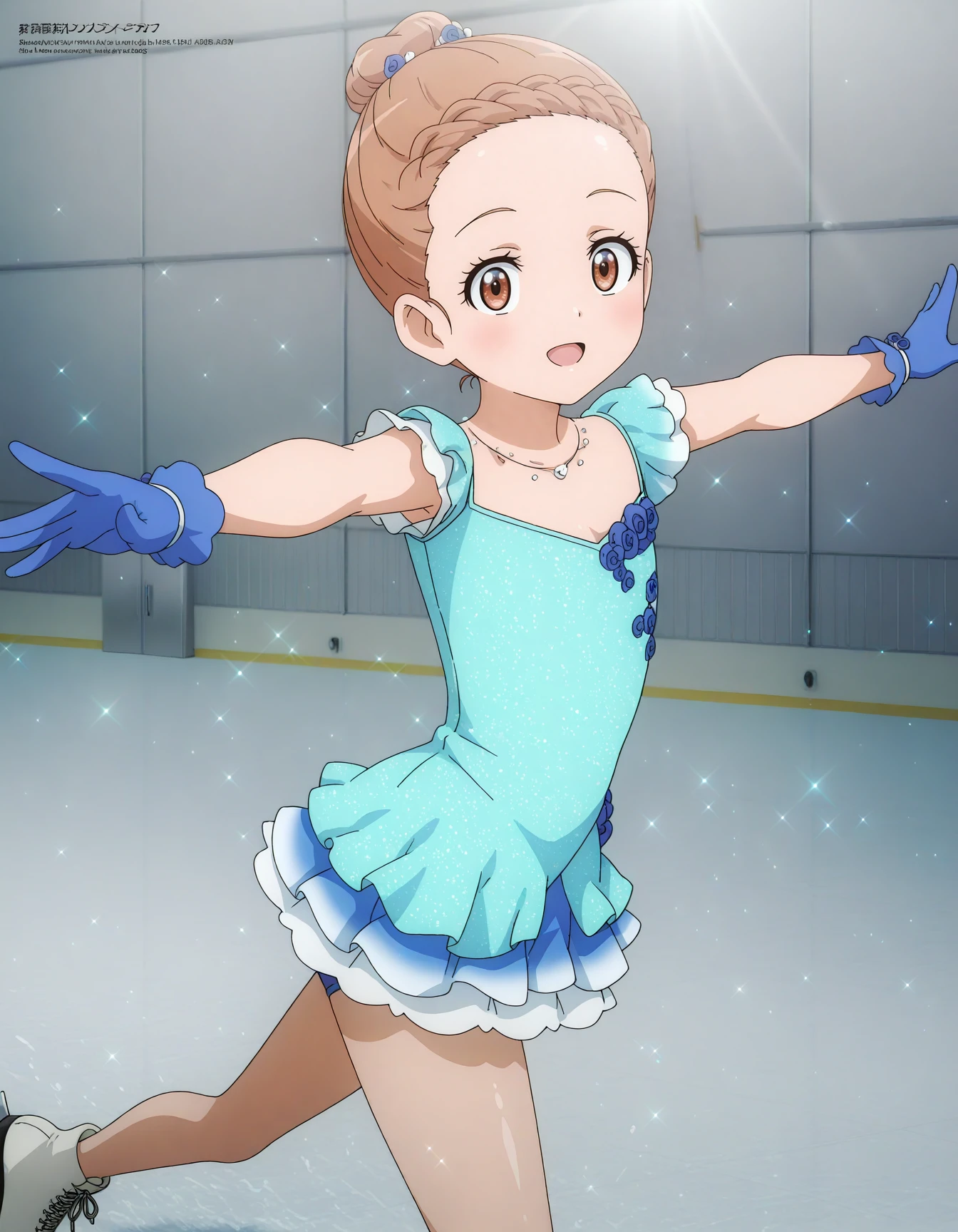 anime artwork <lora:Hyper-SDXL-8steps-lora:1>,
masterpiece,best quality,highres,source_anime,anime screencap,anime coloring,megami magazine,sidelighting,shiny luminous,shiny skin,
<lora:mika yuitsuka_IL:1>
mika yuitsuka, mika skate, 1girl, solo, short hair, brown hair, gloves, pink hair, hair bun, single hair bun,  blue gloves, cross-laced footwear,shoelaces, bare legs, skirt, floral print, jewelry, necklace,
skates, ice skates,
outstretched arms, (cowboy shot:1.5), sparkle, looking at viewer,  jumping,  . anime style, key visual, vibrant, studio anime,  highly detailed