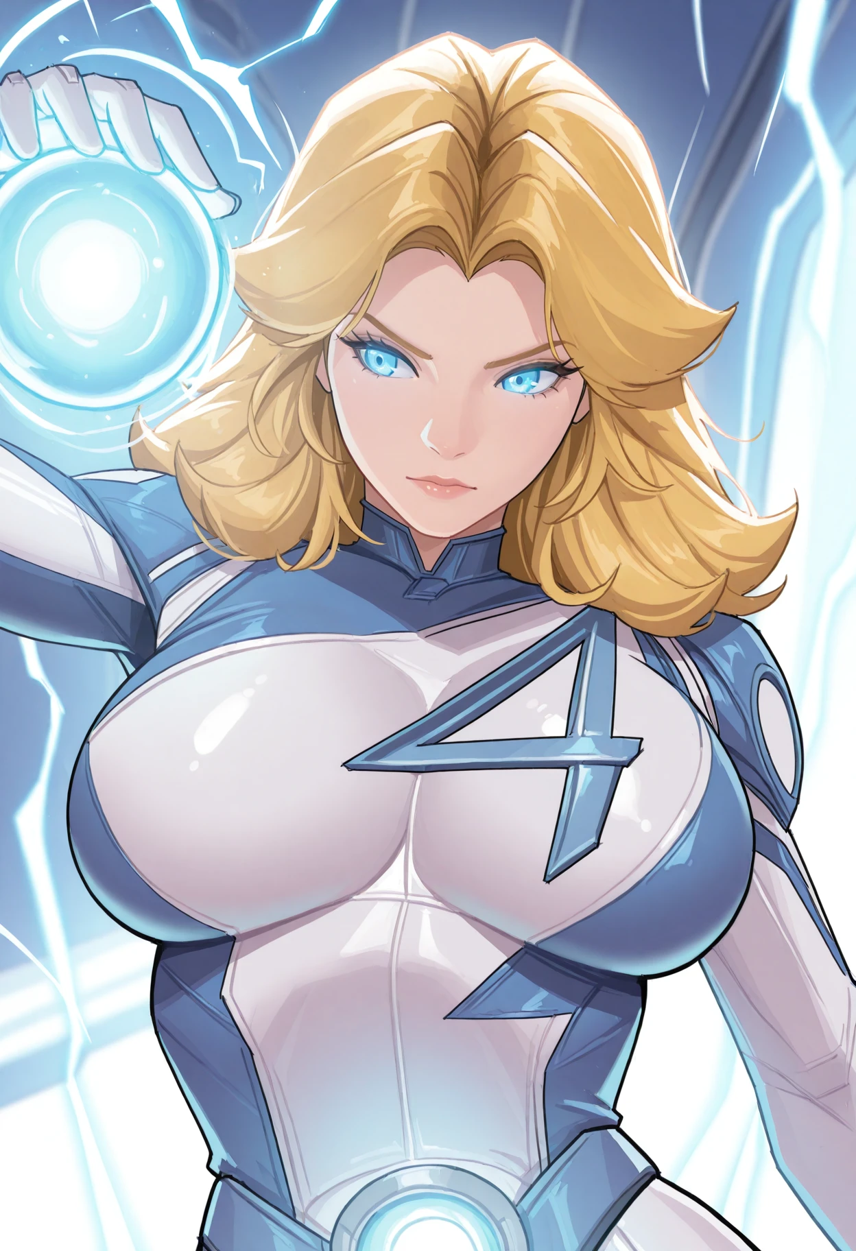 suest0rm, close up, 1girl, susan storm, fantastic four, long blonde hair, glowing blue eyes, large breasts, magic, glowing orb, blue lightning, best quality, masterpiece, <lora:SueStormInvisibleWomanv3:1>