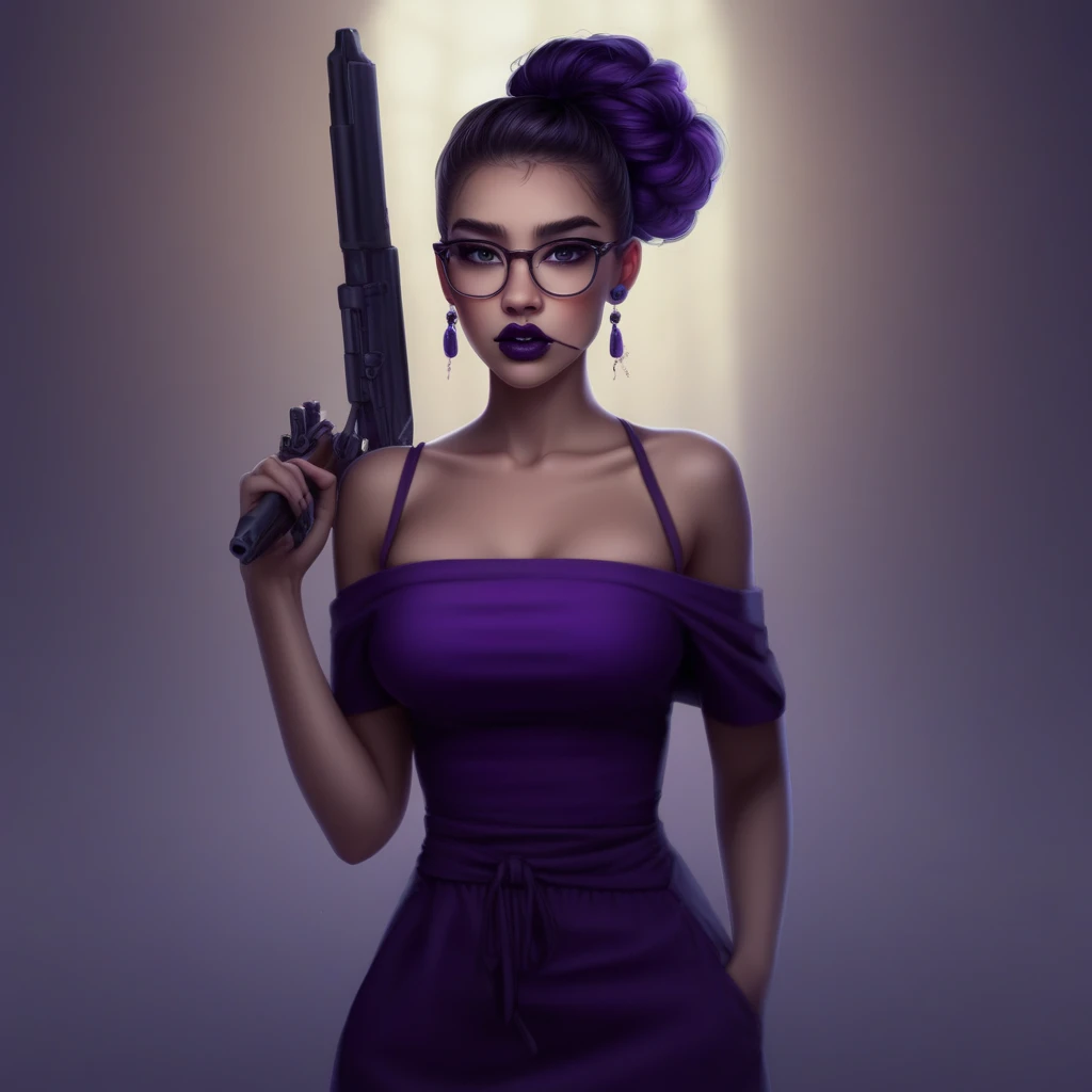 shoulders, glasses, purple dress, holding weapon, hands in pockets, lip piercing, brown eyes, hair bun, black lips
