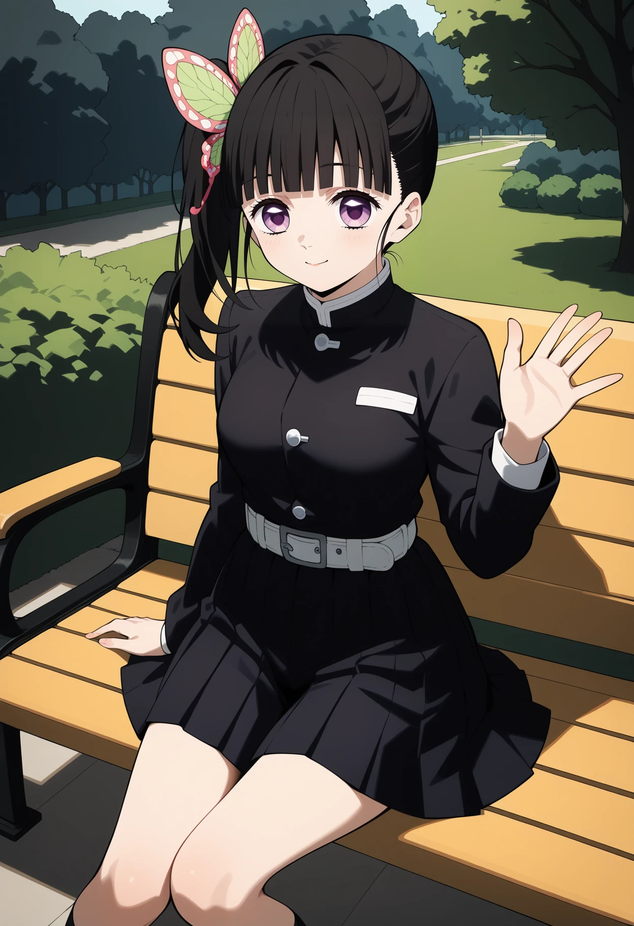 score_9, score_8_up, score_7_up, score_6_up, score_5_up, score_4_up, source_anime, aakanao, long hair, black hair, side ponytail, hair ornament, purple eyes, breasts, black shirt, long sleeves, white belt, pleated skirt, black skirt, <lora:tsuyuri_kanao_ponyxl_v1:0.9>, sitting, waving, bench, park,