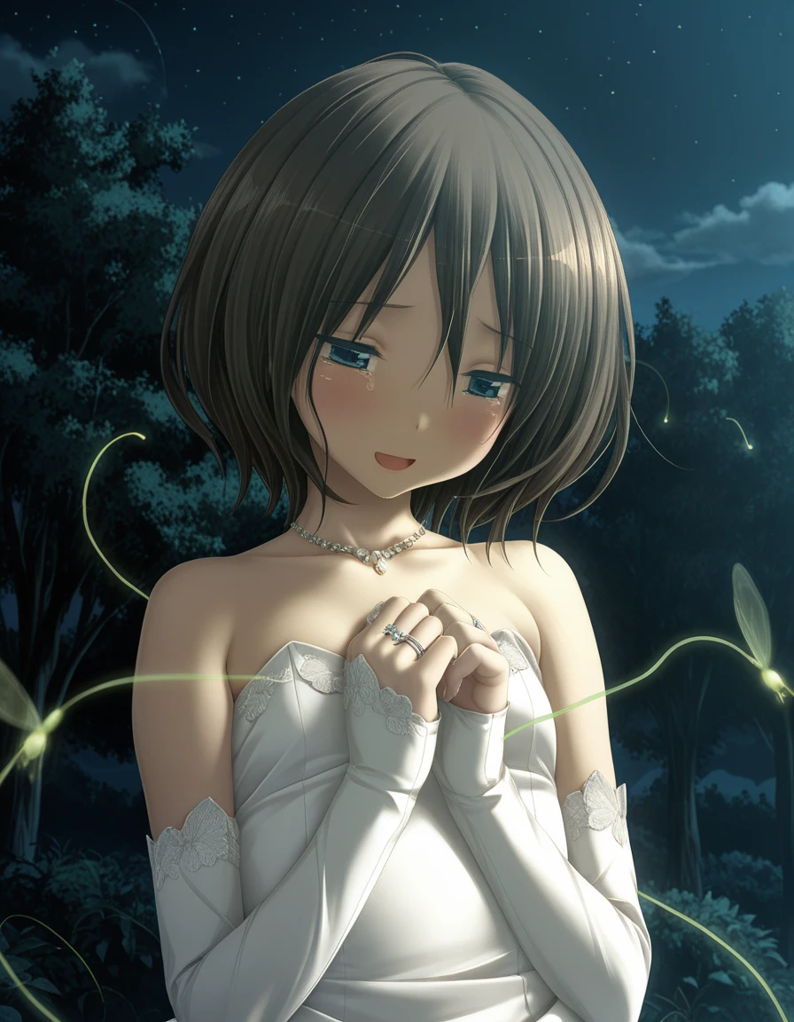 masterpiece, absurdres, best quality, aesthetic, 2.5d, KatsuPS, moonlight, fireflies, <lora:KatsuPS_IllXL:1> BREAK 1girl, solo, tears, jewelry, dress, crying, necklace, blue eyes, glowing, detached sleeves, half-closed eyes, fireflies, holding firefly, night, crying with eyes open, brown hair, strapless, white dress, bare shoulders, ring, strapless dress, open mouth, blush, smile, sky, outdoors, collarbone, hands on own chest, short hair, upper body, gloves, wedding dress, elbow gloves, black hair, sleeves past wrists, tree, white sleeves, hair between eyes, :d, own hands together, looking down