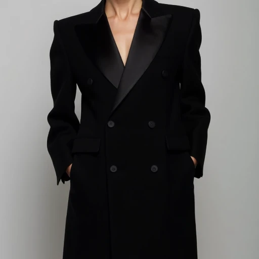 Standing pose, Structured shoulders, Satin lapels, Button alignment, Elegant eveningwear, Lapel and pocket details, blazerdress, Model wearing black blazer dress, Button details, Torso focus, Tailored fit