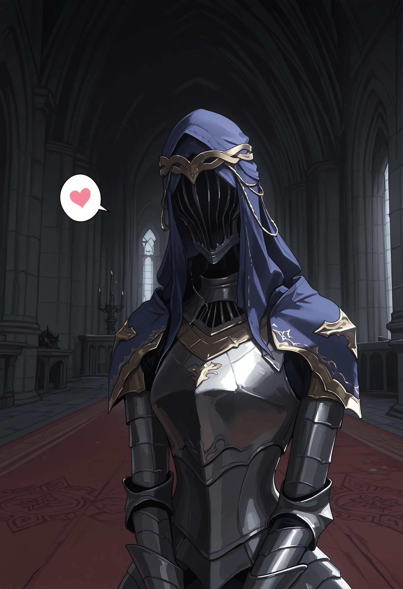 masterpiece, best quality, amazing quality, very aesthetic, absurdres, newest, <lora:DancerDS3ILf:0.9> dbvilf, 1girl, armor, shoulder armor, gauntlets, veil, blue hood, solo, upper body, faceless, speech bubble with heart,
dark castle, interior,