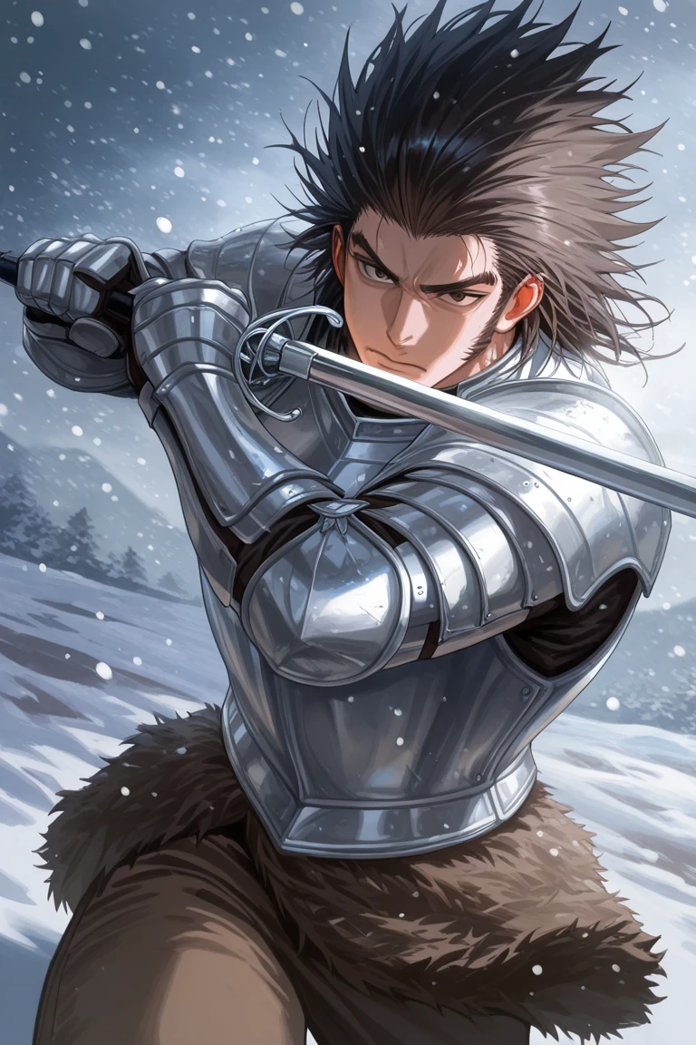realistic shading, natural lighting, expressive serious face, male focus, uvoginhxh, blackish silver_uvoginhxh_spiked hair, brown_uvoginhxh_eyes, 1boy, holding sword, rapier, fighting stance, cuirass, brown pants, armor, shiny skin, cowboy shot, snowing, snowflake, surreal, symbolic background, shadow, foreshortening, dutch angle, dynamic angle, dynamic action, intricately detailed illustration, cinematic, depth of field, atmospheric perspective, masterpiece, best quality, amazing quality, very aesthetic, absurdres, newest, anime screencap