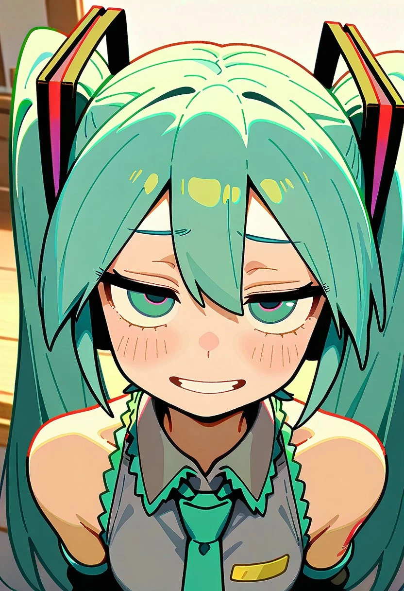 masterpiece,best quality,absurdres, amazing quality, hi res, masterpiece, best quality, detailed, amazing quality, detailed face, detailed eyes, clean eyes, best quality, highres, very aesthetic, newest, ultra-detailed, illustration, (best quality:1.1),ultra-detailed, high resolution, super detailed skin, beautiful detailed eyes, nsfw, Brightly Lit, Highly Visible, 8k, sharp focus, beautiful, perfect lighting, beautiful eyes, anatomically correct, anatomically correct face, extremely detailed eyes, smooth edges, beautiful face, symmetrical eyes, symmetrical face,
BREAK Little_netizen, disdainful eyes, 1girl, hatsune miku, close up, portrait